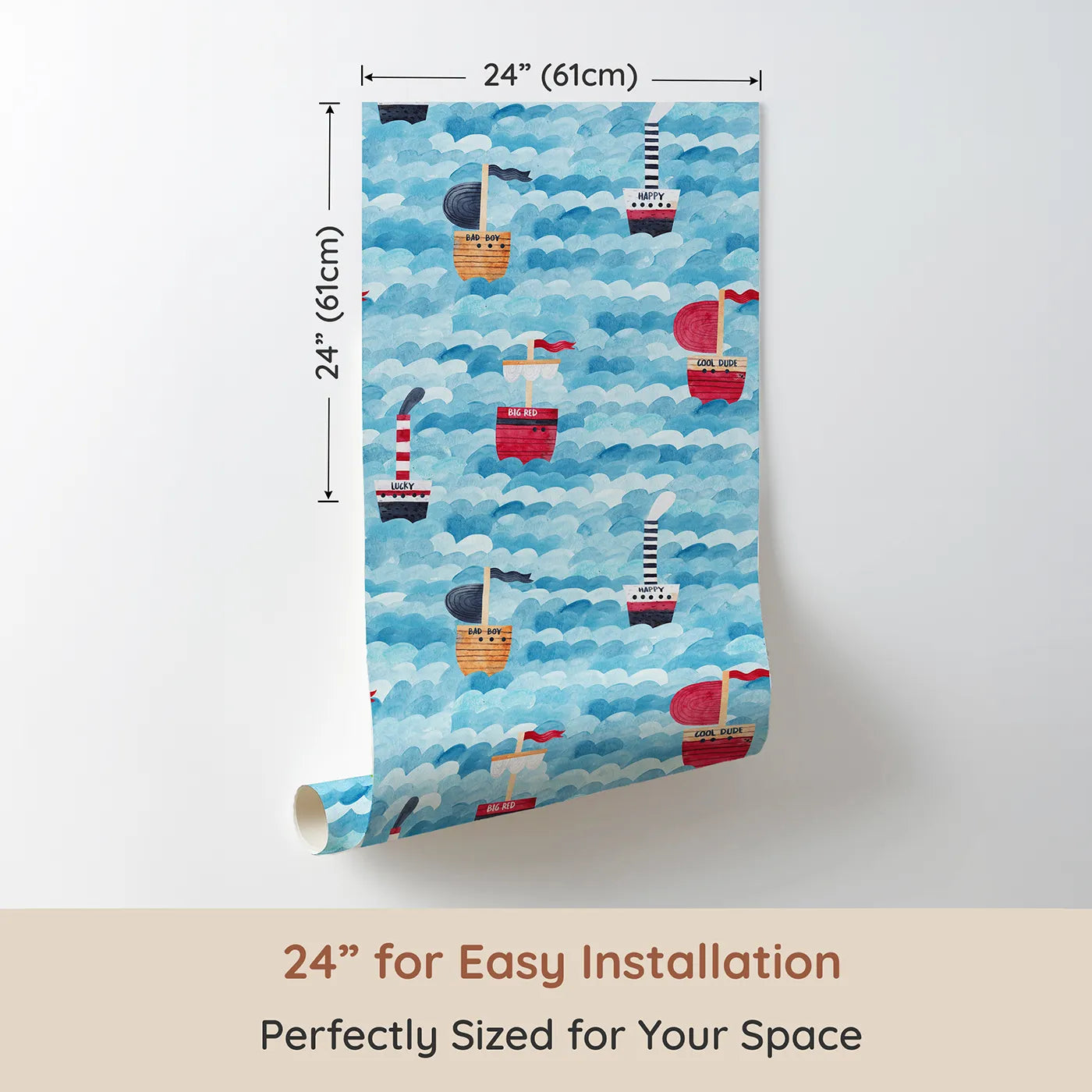 Dimension view of Whimsy Tots Watercolor Pirate Ships at Sea Wallpaper (W2151). Printed in 24-inch-wide panel for easy installation. Where a fleet of quirky ships sails on a painted sea.