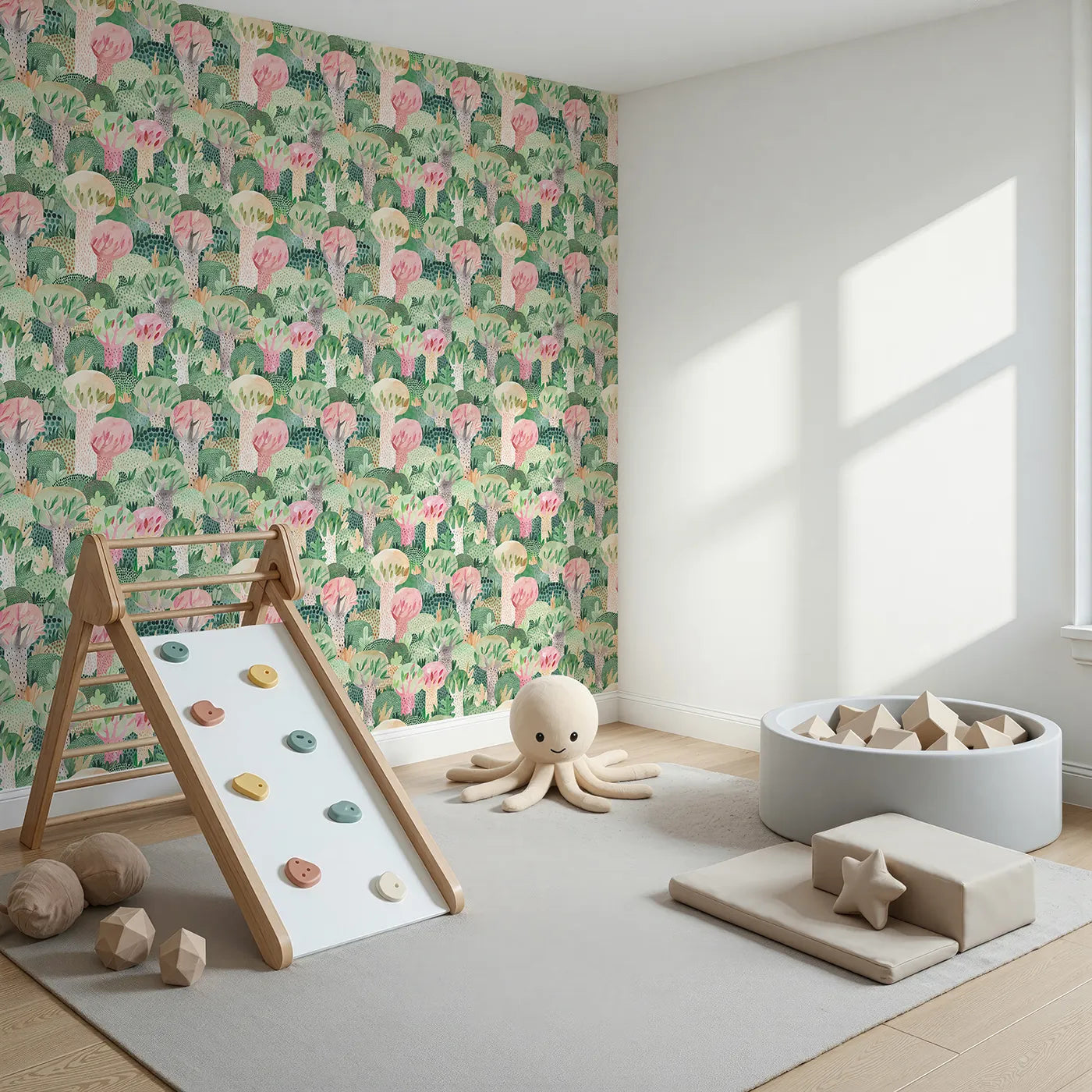 Angled view of Whimsy Tots' Painted Forest Canopy Wallpaper (W2152).Where a canopy of colorful, painted trees creates a world of wonder.