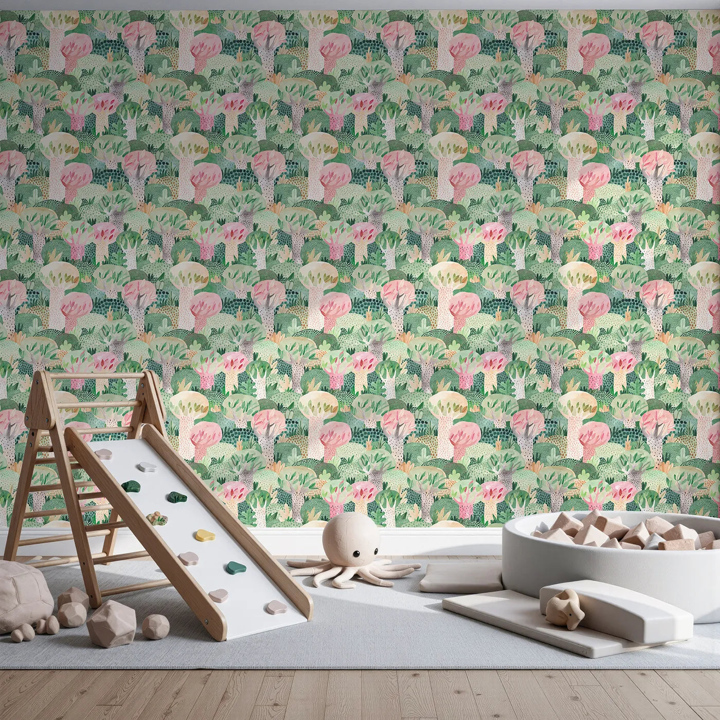 Front view of Whimsy Tots' Painted Forest Canopy Wallpaper