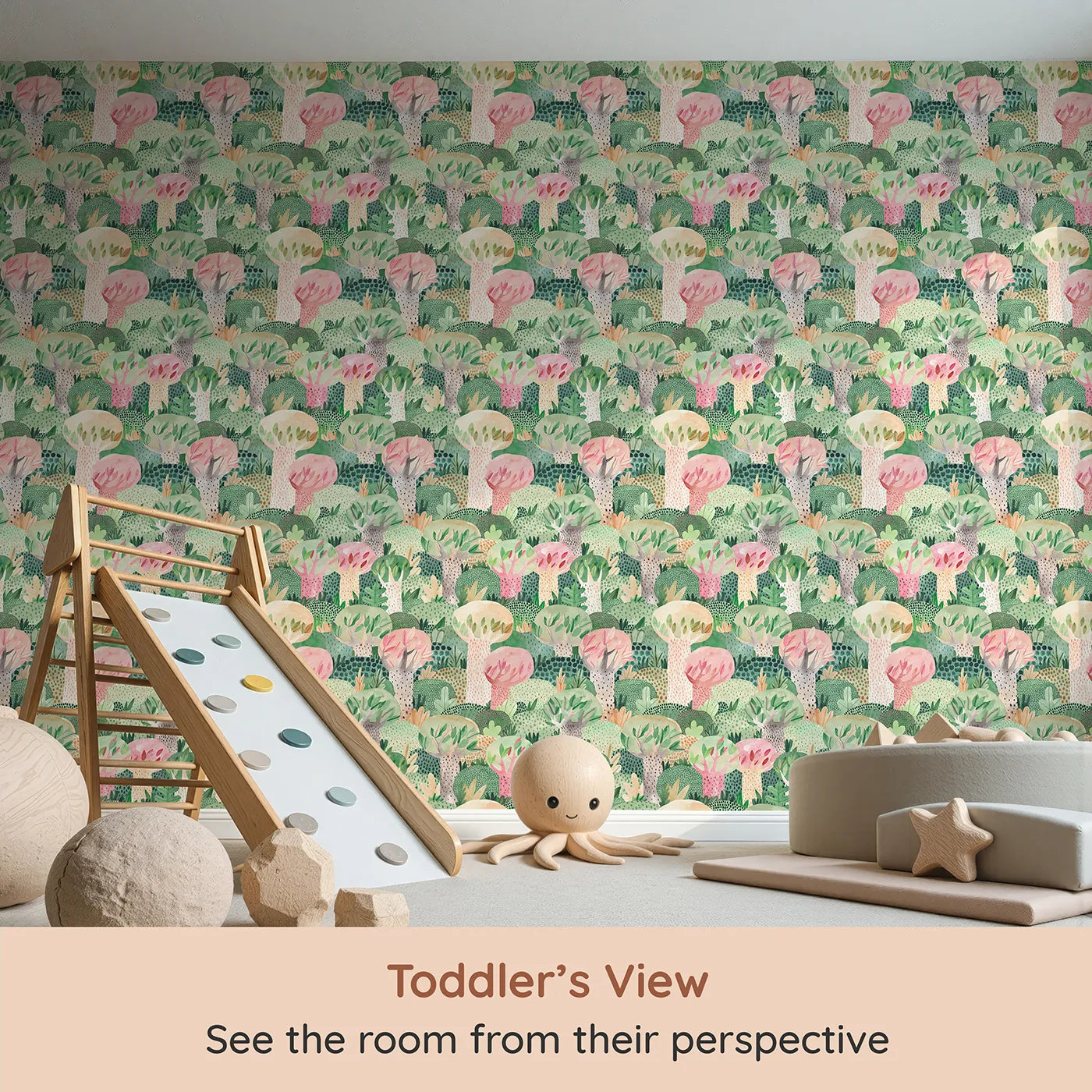 Whimsy Tots Painted Forest Canopy Wallpaper (W2152) from your child's view.Where a canopy of colorful, painted trees creates a world of wonder.