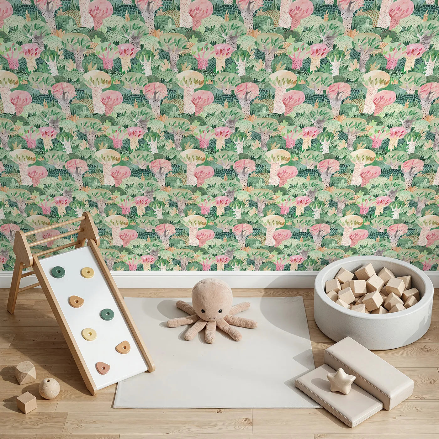 Top-Down view of Whimsy Tots' Painted Forest Canopy Wallpaper (W2152).Where a canopy of colorful, painted trees creates a world of wonder.