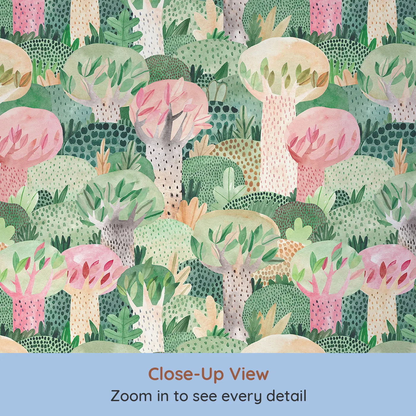 Close-up view of Whimsy Tots' Painted Forest Canopy Wallpaper (W2152).Where a canopy of colorful, painted trees creates a world of wonder.