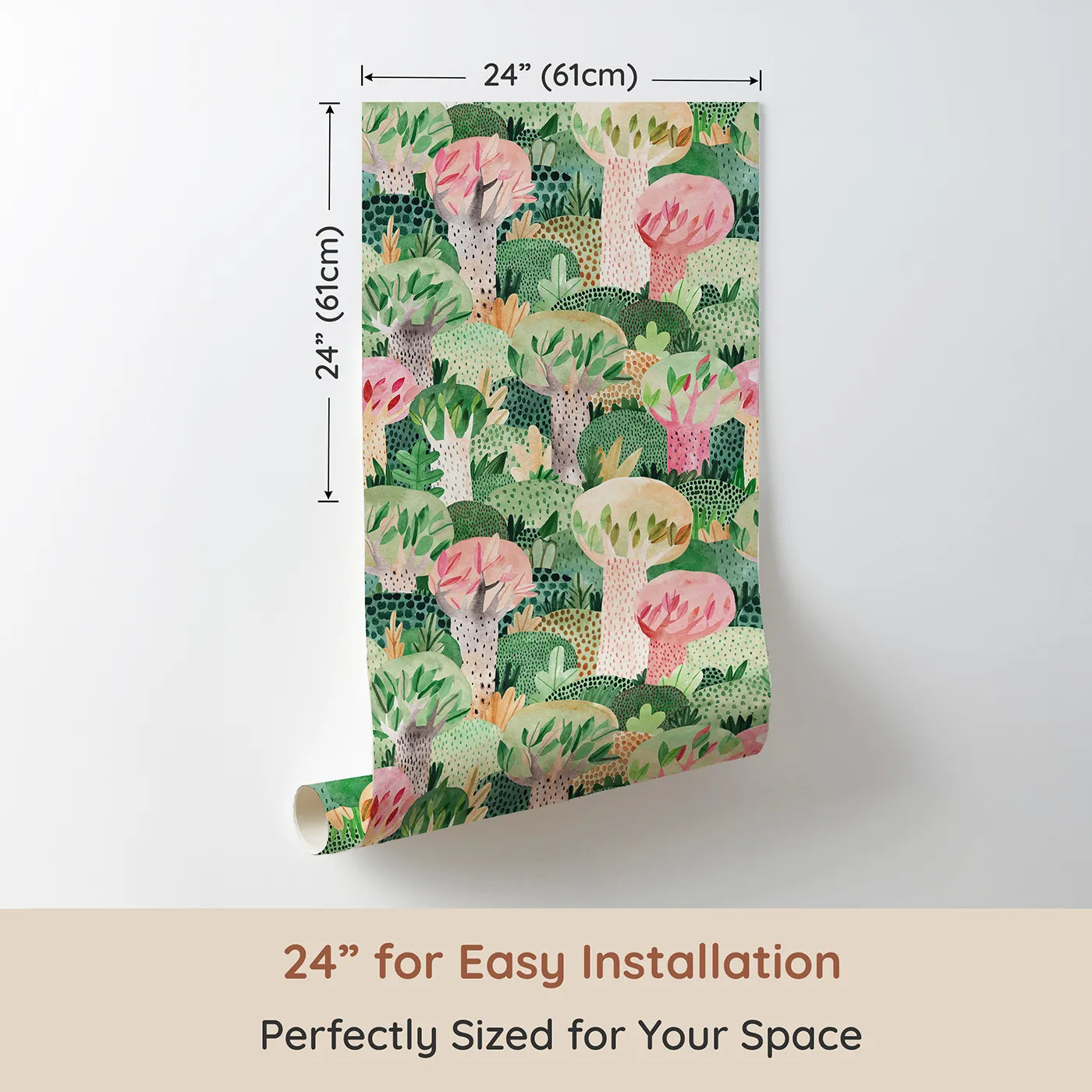 Dimension view of Whimsy Tots Painted Forest Canopy Wallpaper (W2152). Printed in 24-inch-wide panel for easy installation. Where a canopy of colorful, painted trees creates a world of wonder.