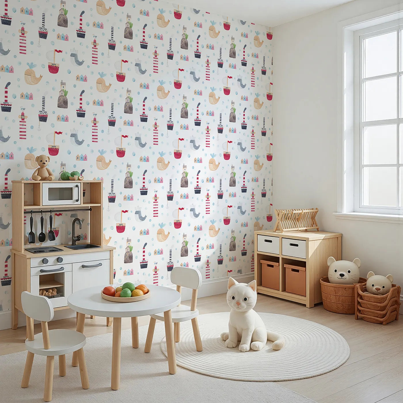 Angled view of Whimsy Tots' Watercolor Seaside Town Wallpaper (W2153).Where happy whales and friendly lighthouses dot the shoreline.