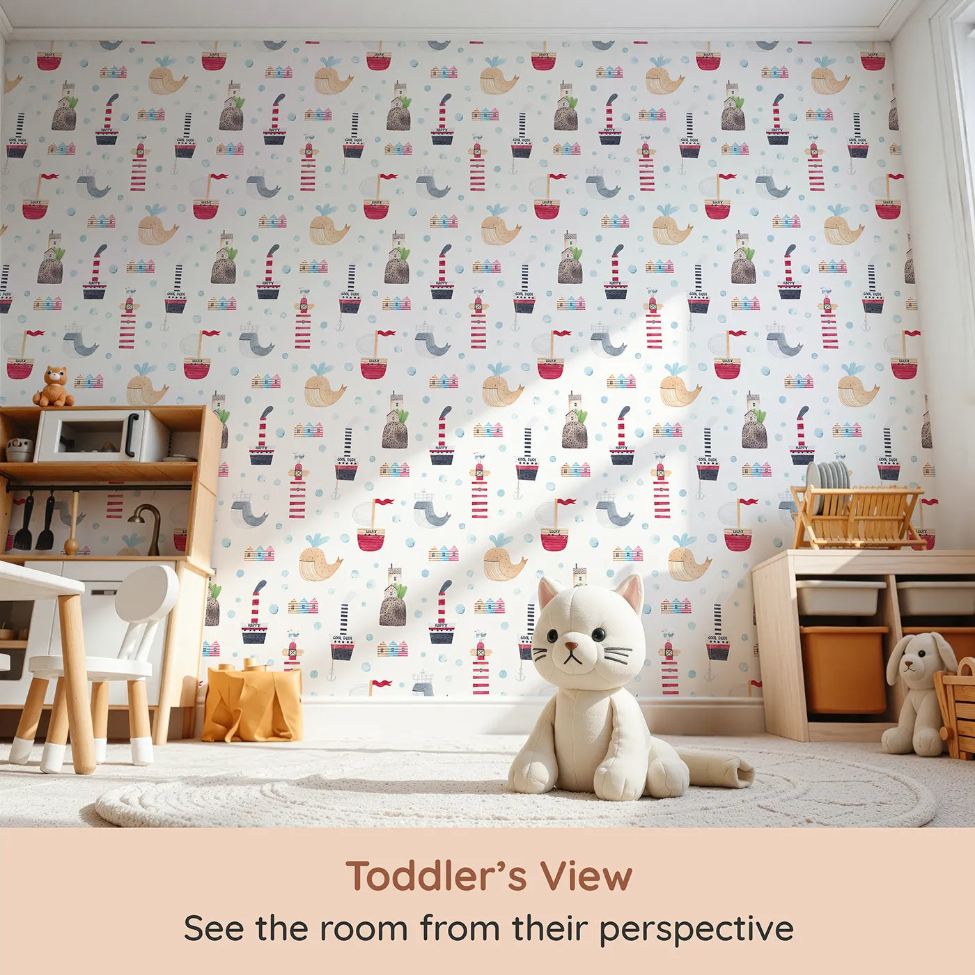 Whimsy Tots Watercolor Seaside Town Wallpaper (W2153) from your child's view.Where happy whales and friendly lighthouses dot the shoreline.