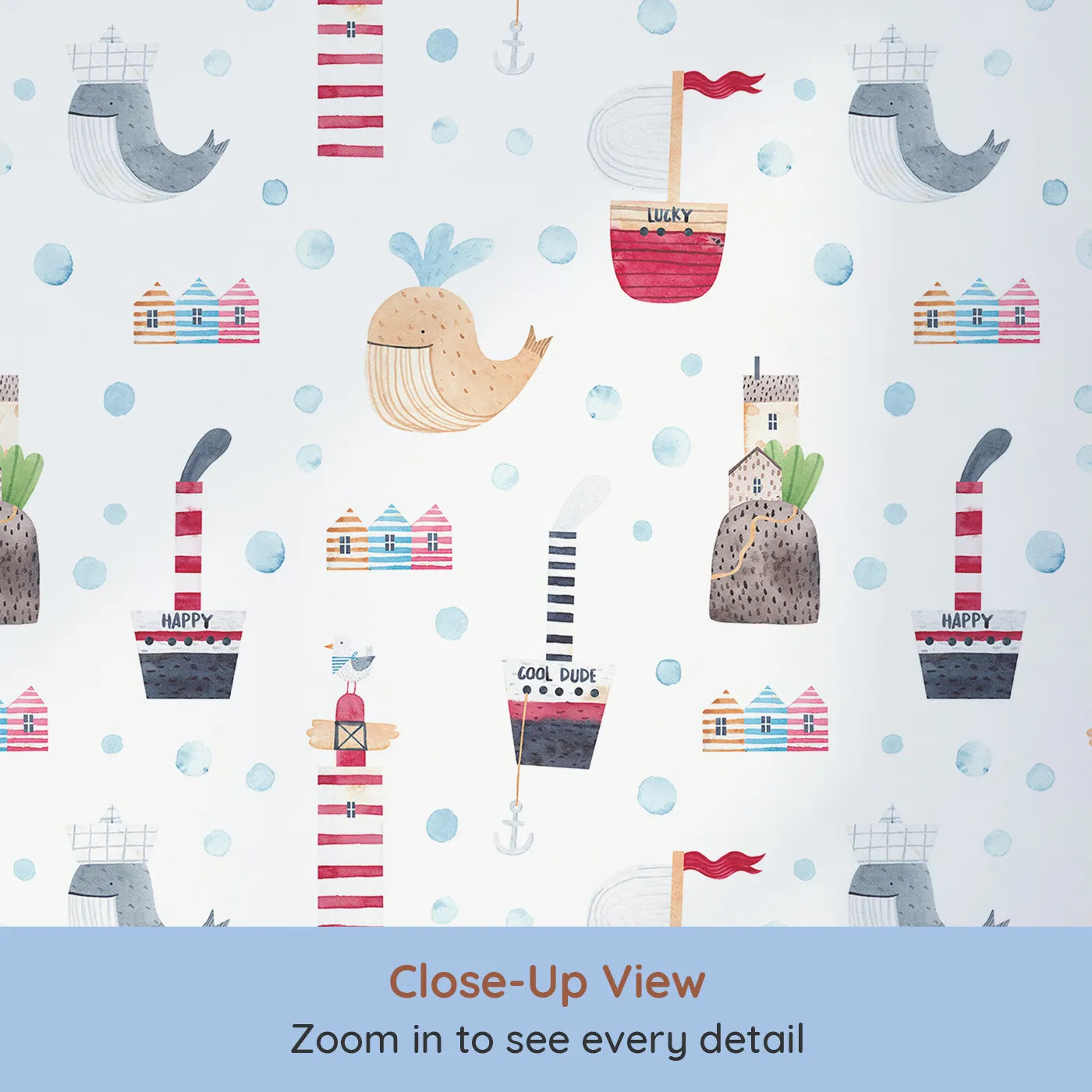 Close-up view of Whimsy Tots' Watercolor Seaside Town Wallpaper (W2153).Where happy whales and friendly lighthouses dot the shoreline.