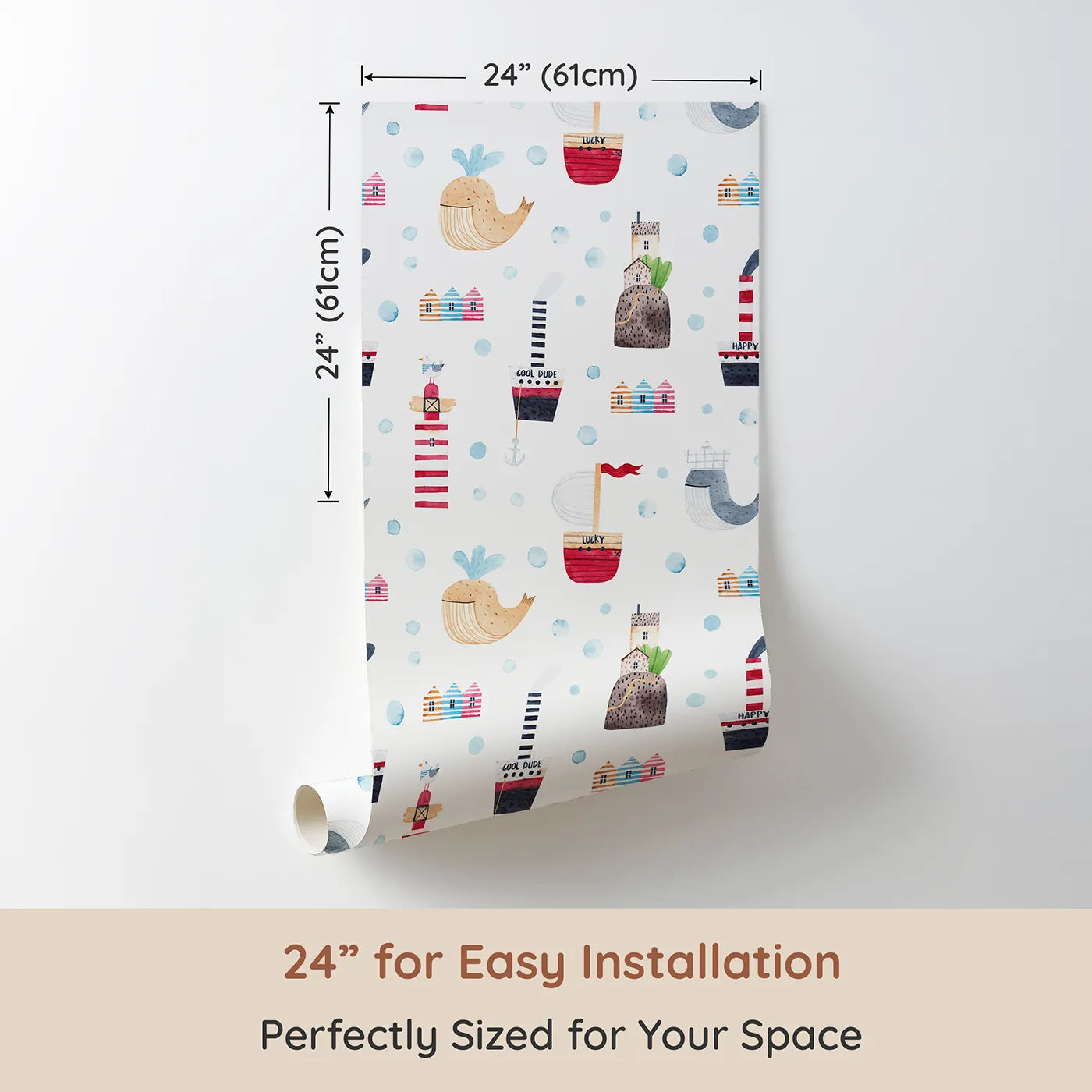 Dimension view of Whimsy Tots Watercolor Seaside Town Wallpaper (W2153). Printed in 24-inch-wide panel for easy installation. Where happy whales and friendly lighthouses dot the shoreline.