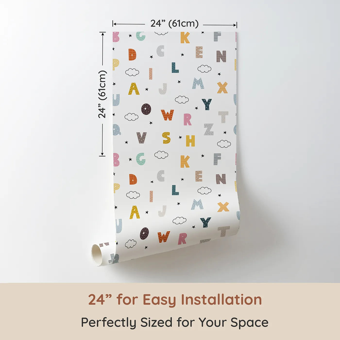 Dimension view of Whimsy Tots Starry Alphabet Clouds Wallpaper (W2154). Printed in 24-inch-wide panel for easy installation. Where the alphabet floats among the clouds and stars.