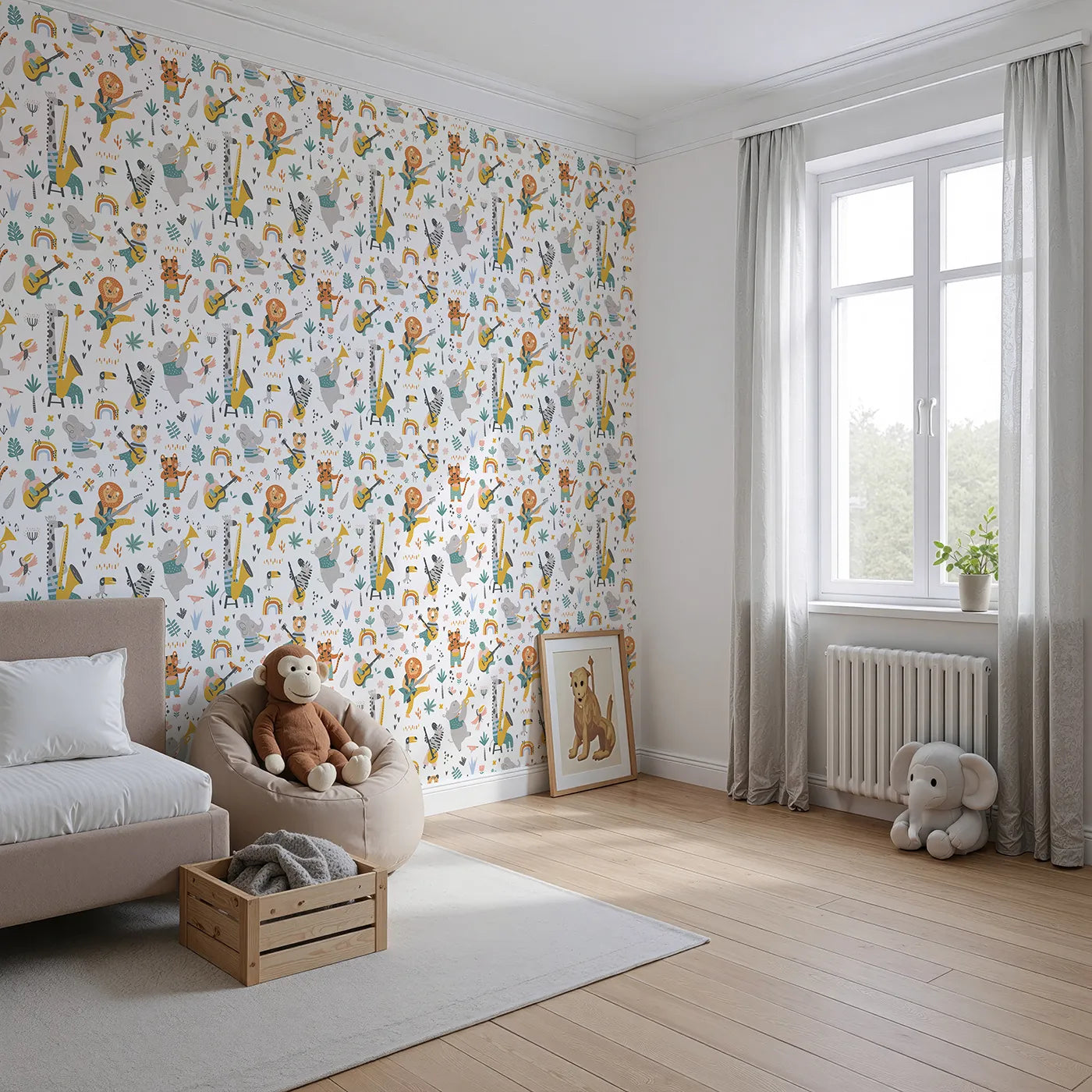 Angled view of Whimsy Tots' Safari Rock Band Wallpaper (W2155).Where a band of animal rockstars is always ready to jam.