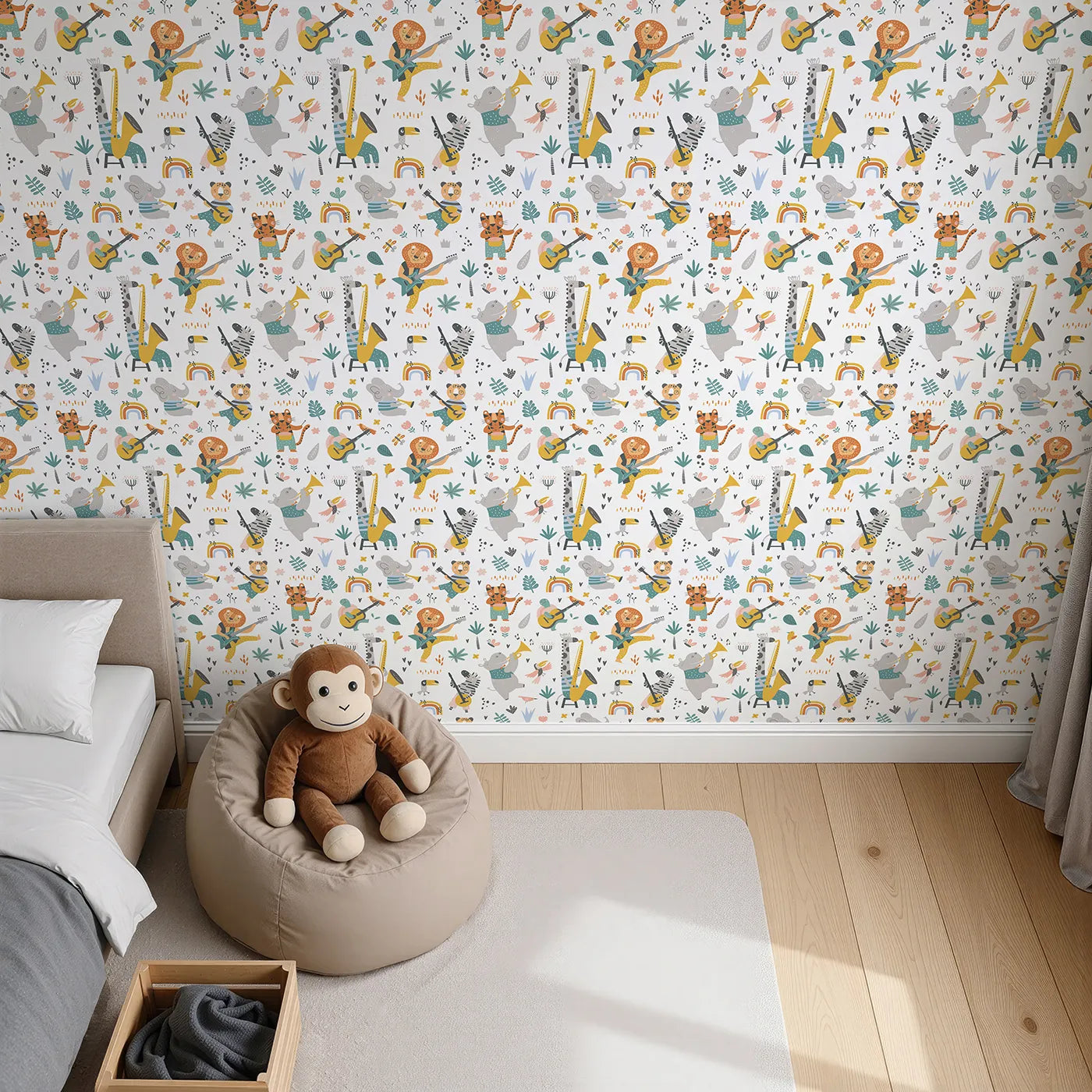 Top-Down view of Whimsy Tots' Safari Rock Band Wallpaper (W2155).Where a band of animal rockstars is always ready to jam.