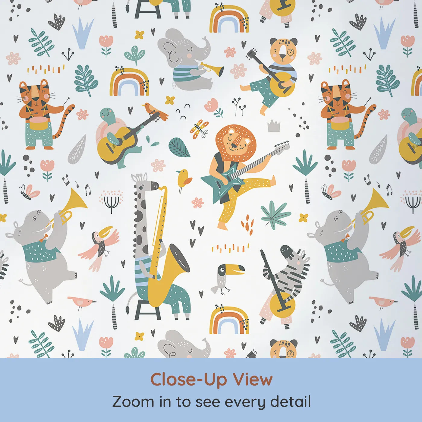 Close-up view of Whimsy Tots' Safari Rock Band Wallpaper (W2155).Where a band of animal rockstars is always ready to jam.