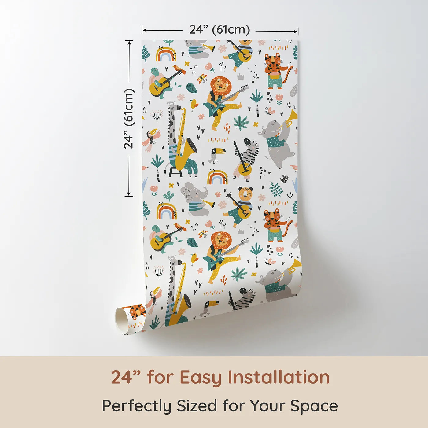 Dimension view of Whimsy Tots Safari Rock Band Wallpaper (W2155). Printed in 24-inch-wide panel for easy installation. Where a band of animal rockstars is always ready to jam.