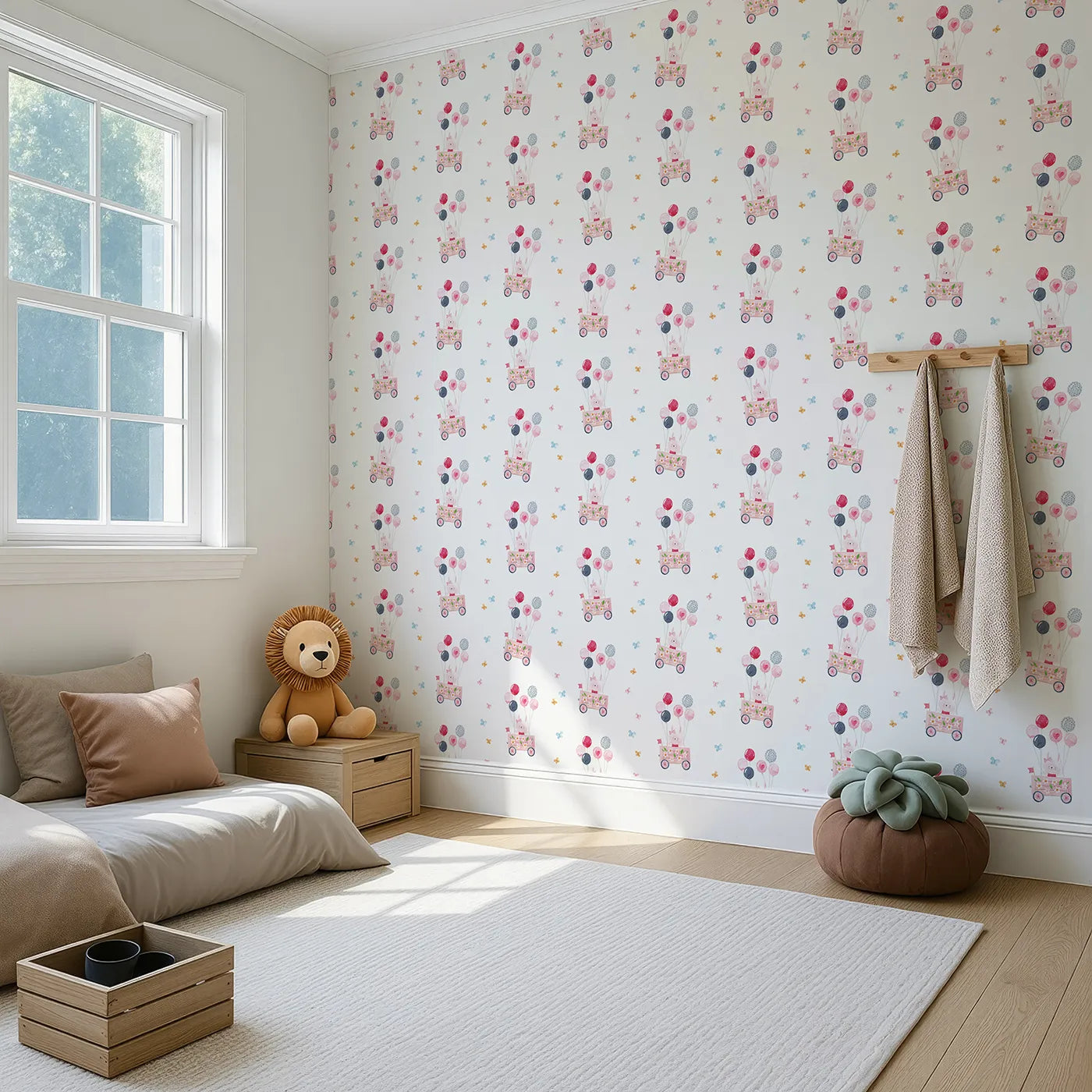 Angled view of Whimsy Tots' Bunny Balloon Parade Wallpaper (W2156).Where a happy bunny delivers bouquets of beautiful balloons.