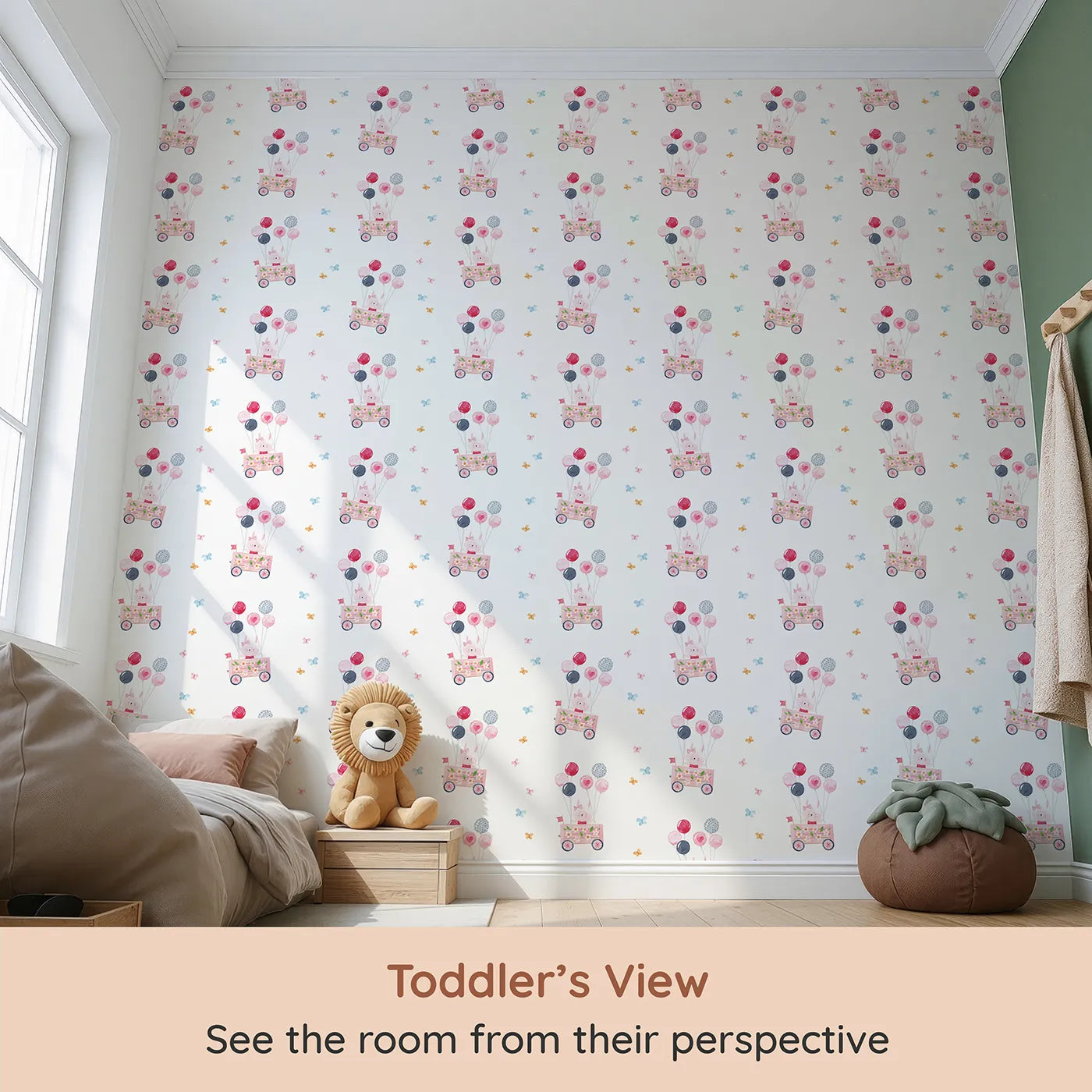 Whimsy Tots Bunny Balloon Parade Wallpaper (W2156) from your child's view.Where a happy bunny delivers bouquets of beautiful balloons.