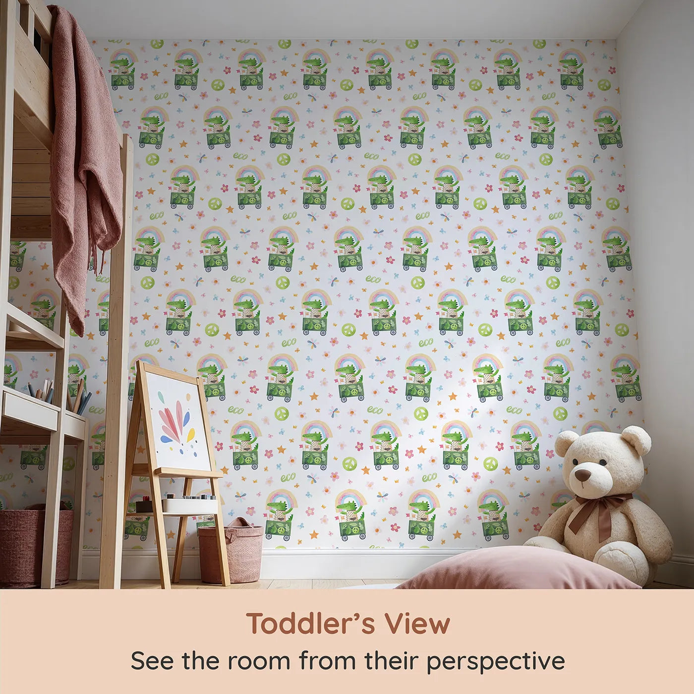 Whimsy Tots Eco Crocodile Rainbow Ride Wallpaper (W2157) from your child's view.Where a happy crocodile spreads a message of kindness.
