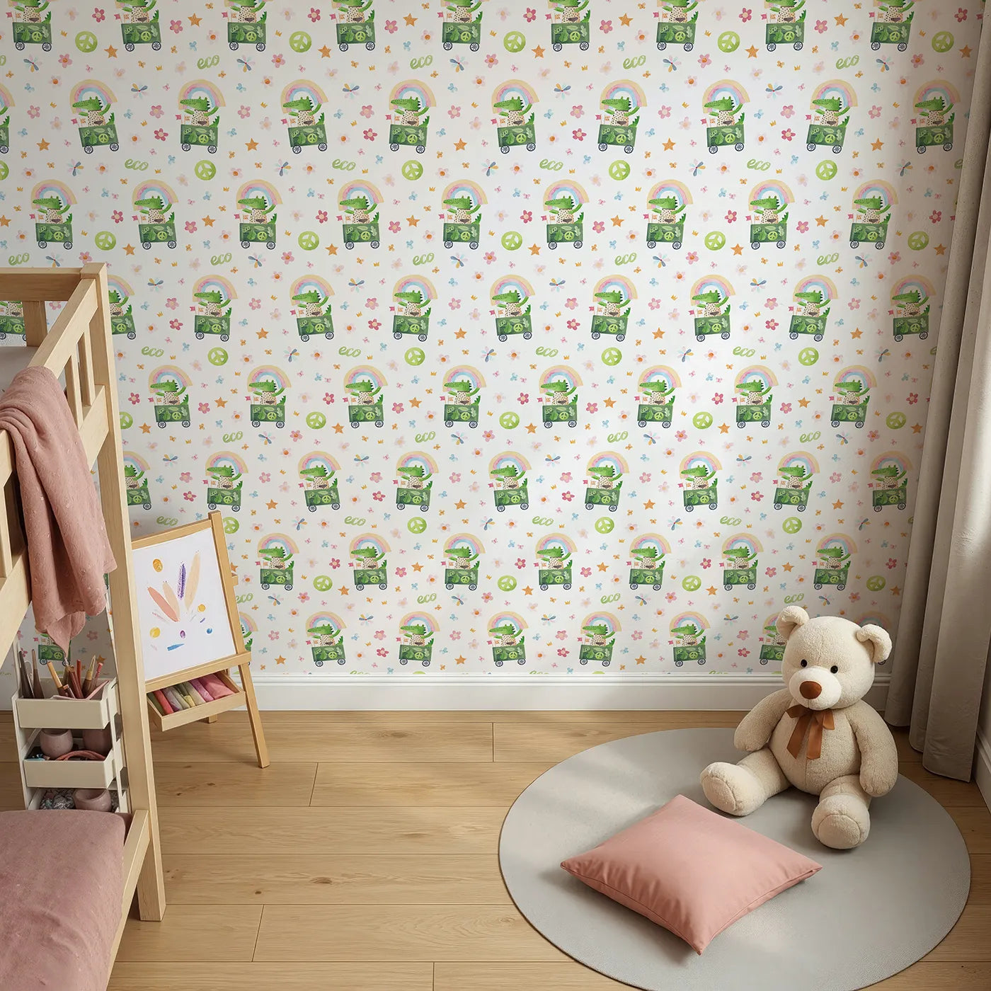 Top-Down view of Whimsy Tots' Eco Crocodile Rainbow Ride Wallpaper (W2157).Where a happy crocodile spreads a message of kindness.