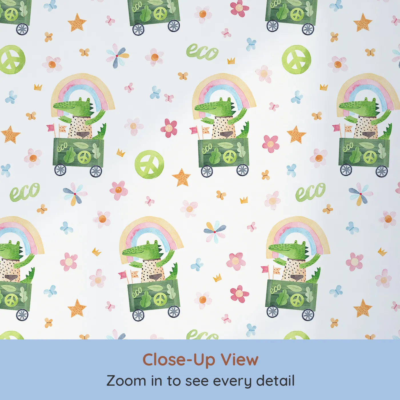 Close-up view of Whimsy Tots' Eco Crocodile Rainbow Ride Wallpaper (W2157).Where a happy crocodile spreads a message of kindness.