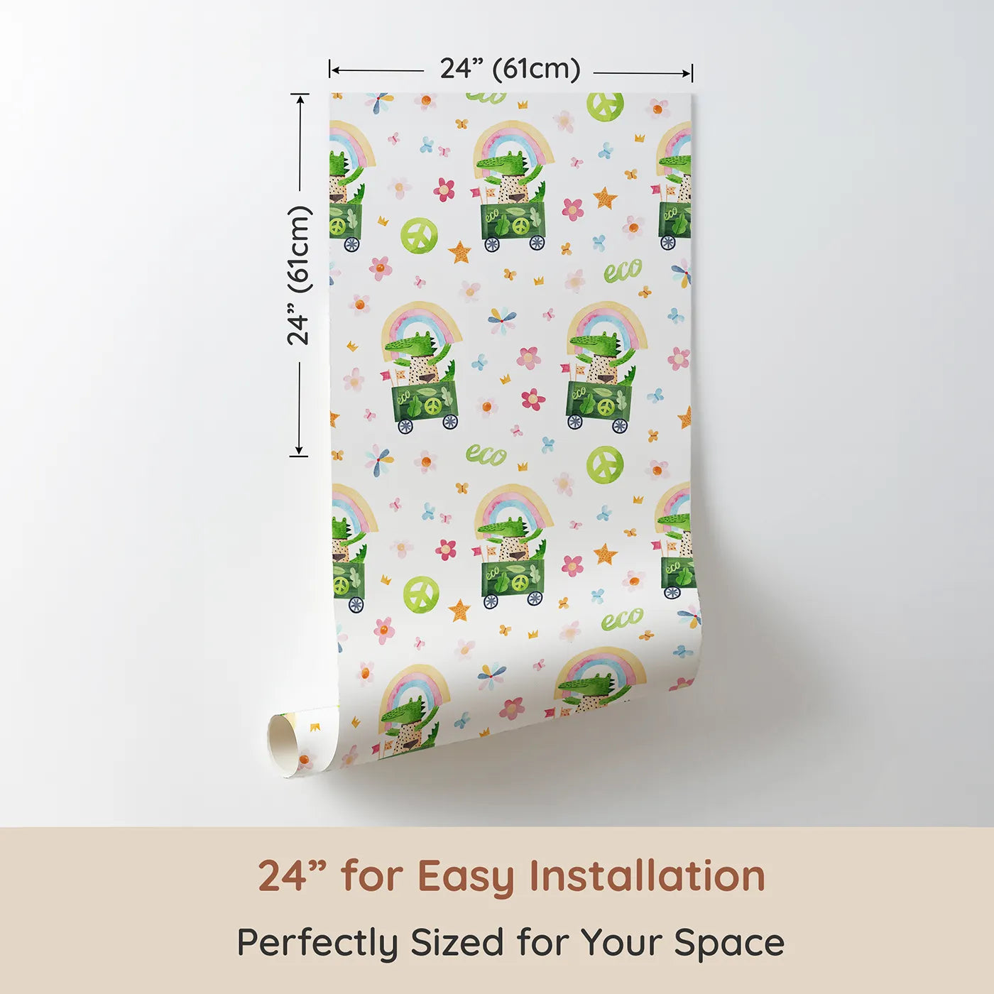 Dimension view of Whimsy Tots Eco Crocodile Rainbow Ride Wallpaper (W2157). Printed in 24-inch-wide panel for easy installation. Where a happy crocodile spreads a message of kindness.