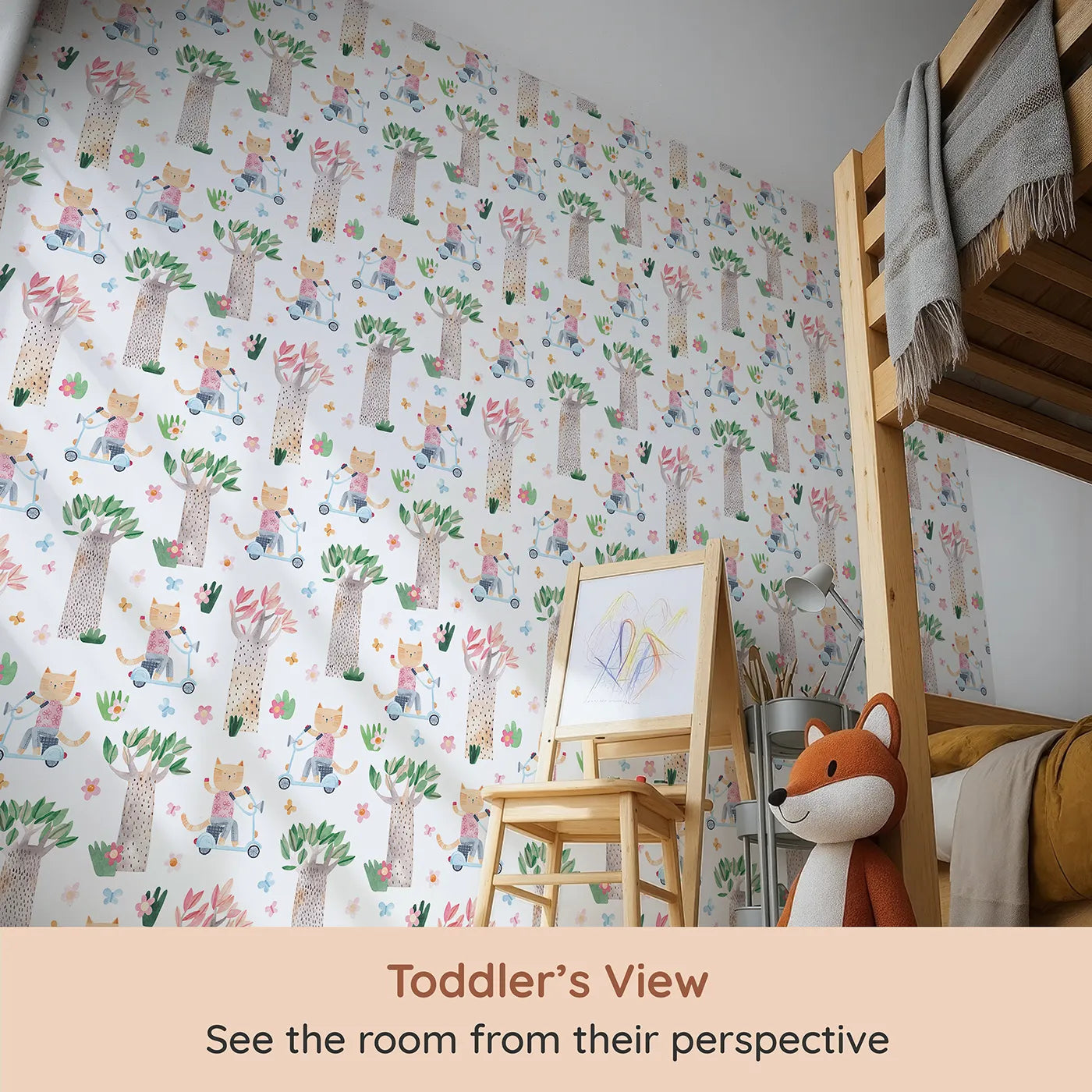 Whimsy Tots Cool Cat on a Scooter Wallpaper (W2158) from your child's view.Where a cool cat cruises through a forest of storybook trees.