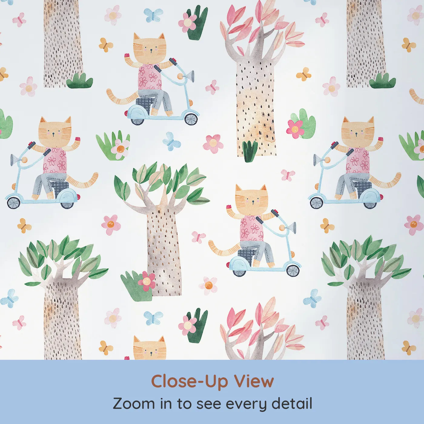Close-up view of Whimsy Tots' Cool Cat on a Scooter Wallpaper (W2158).Where a cool cat cruises through a forest of storybook trees.