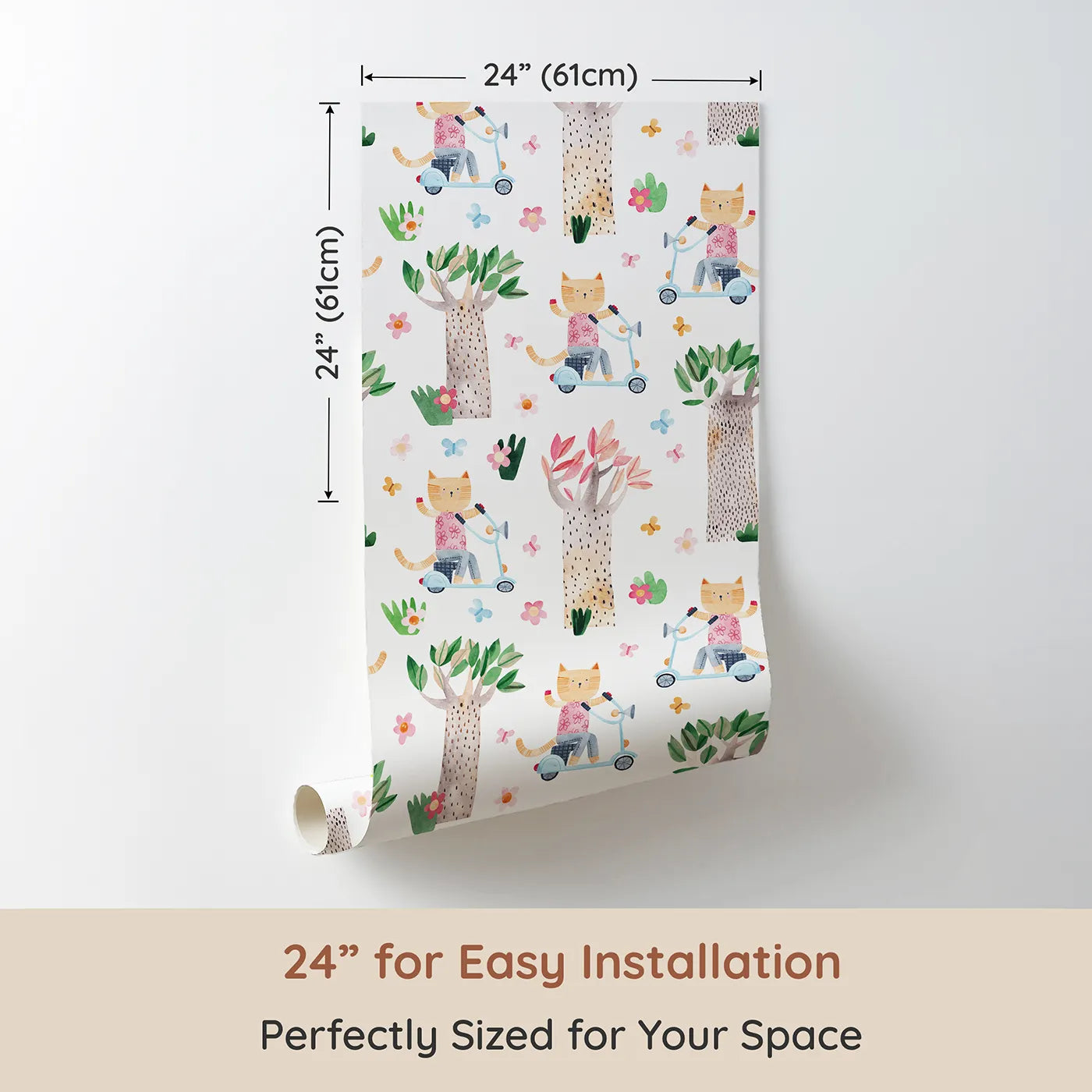 Dimension view of Whimsy Tots Cool Cat on a Scooter Wallpaper (W2158). Printed in 24-inch-wide panel for easy installation. Where a cool cat cruises through a forest of storybook trees.