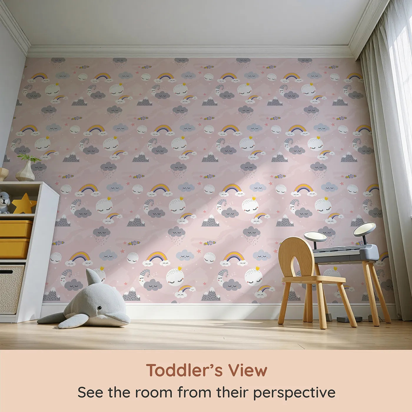 Whimsy Tots Sleepy Sky Friends Wallpaper in Pink (W2160) from your child's view.Where sleepy moons and raining clouds wish you sweet dreams.