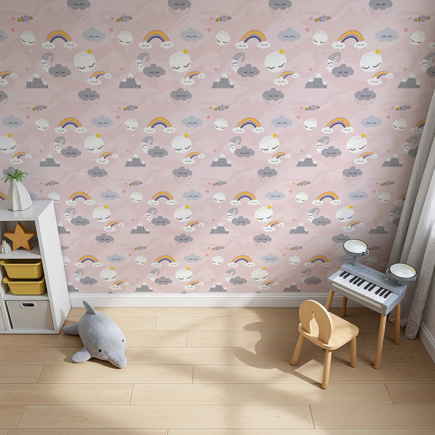 Top-Down view of Whimsy Tots' Sleepy Sky Friends Wallpaper in Pink (W2160).Where sleepy moons and raining clouds wish you sweet dreams.