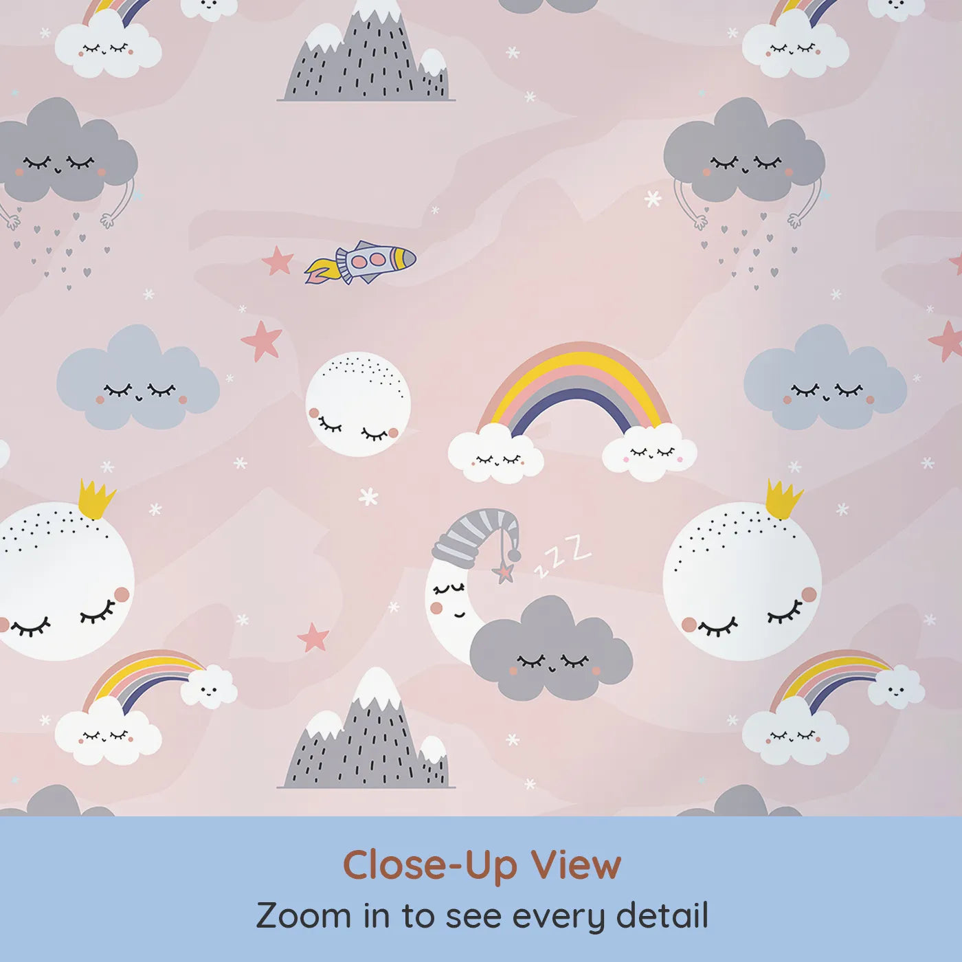Close-up view of Whimsy Tots' Sleepy Sky Friends Wallpaper in Pink (W2160).Where sleepy moons and raining clouds wish you sweet dreams.