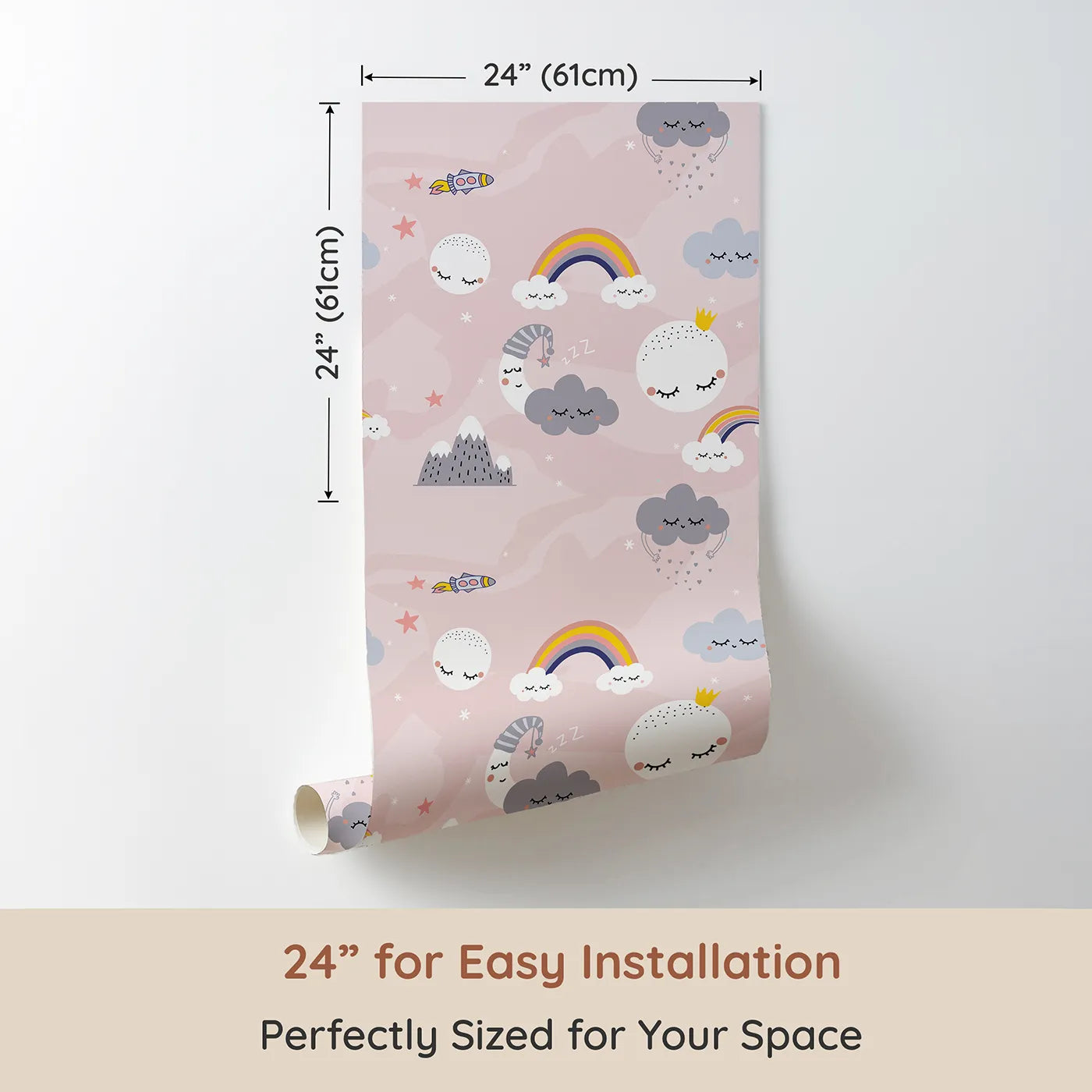 Dimension view of Whimsy Tots Sleepy Sky Friends Wallpaper in Pink (W2160). Printed in 24-inch-wide panel for easy installation. Where sleepy moons and raining clouds wish you sweet dreams.
