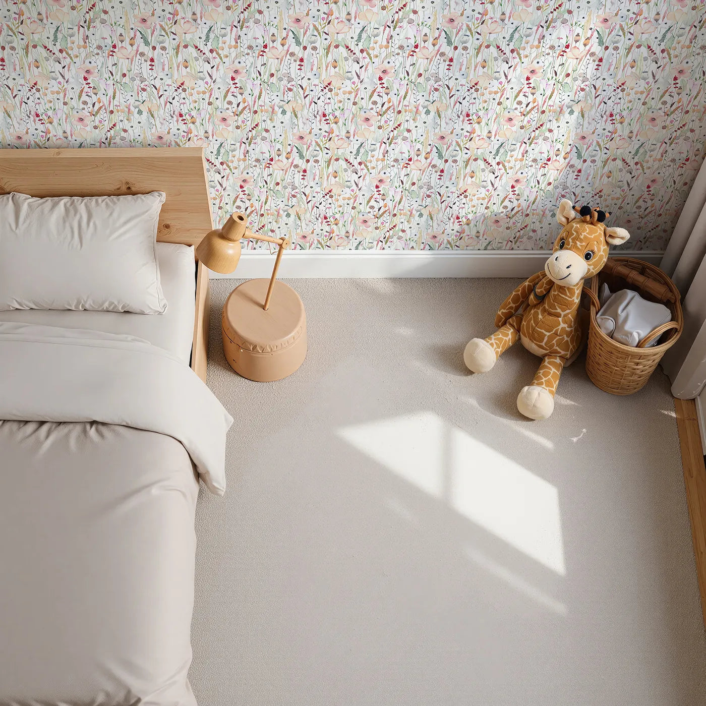 Top-Down view of Whimsy Tots' Neutral Wildflower Patch Wallpaper (W2161).Where delicate, hand-painted wildflowers create a sense of calm.