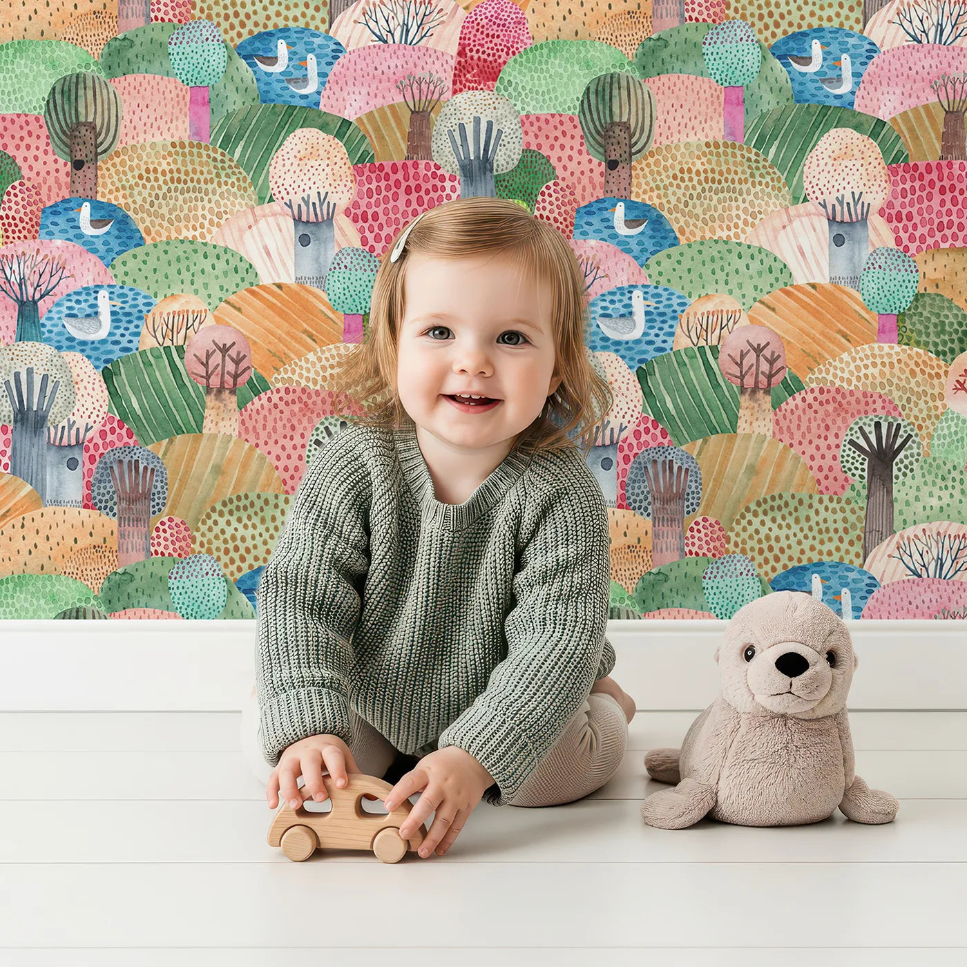 Lovely child standing in front of Whimsy Tots Abstract Hills and Ponds Wallpaper with abstract, watercolor, hill, landscape, tree in design.