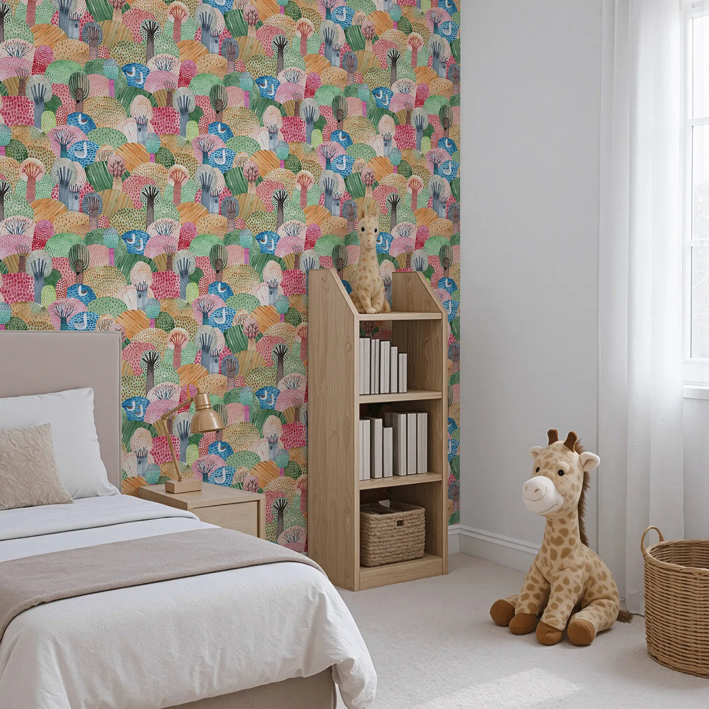 Angled view of Whimsy Tots' Abstract Hills and Ponds Wallpaper (W2162).Where colorful hills and serene ponds create a world of imagination.