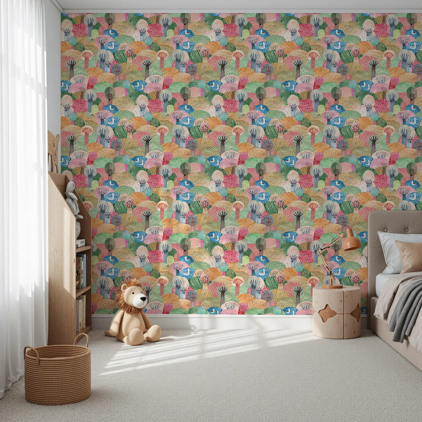 Front view of Whimsy Tots' Abstract Hills and Ponds Wallpaper