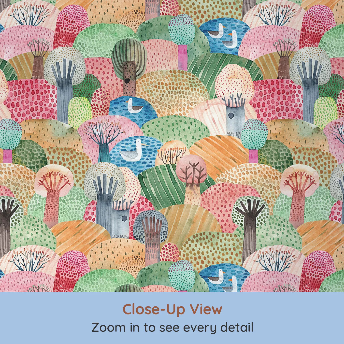 Close-up view of Whimsy Tots' Abstract Hills and Ponds Wallpaper (W2162).Where colorful hills and serene ponds create a world of imagination.