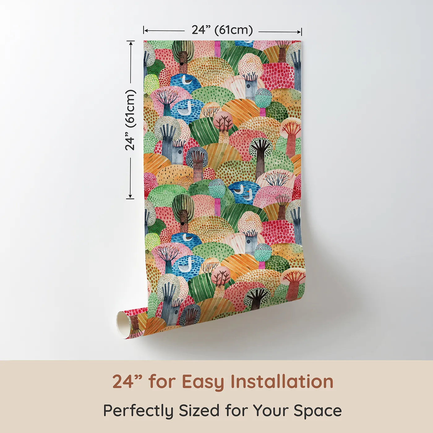 Dimension view of Whimsy Tots Abstract Hills and Ponds Wallpaper (W2162). Printed in 24-inch-wide panel for easy installation. Where colorful hills and serene ponds create a world of imagination.