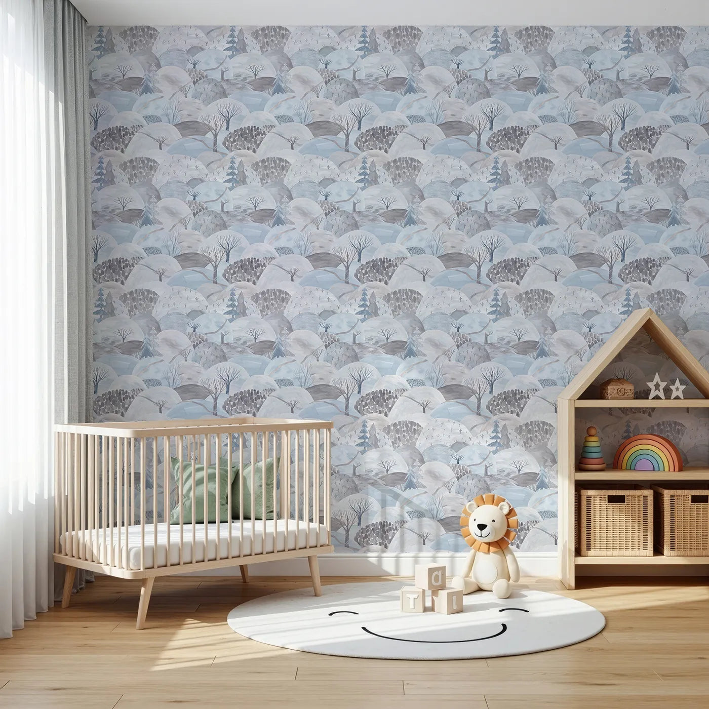 Front view of Whimsy Tots' Painted Winter Hills Wallpaper