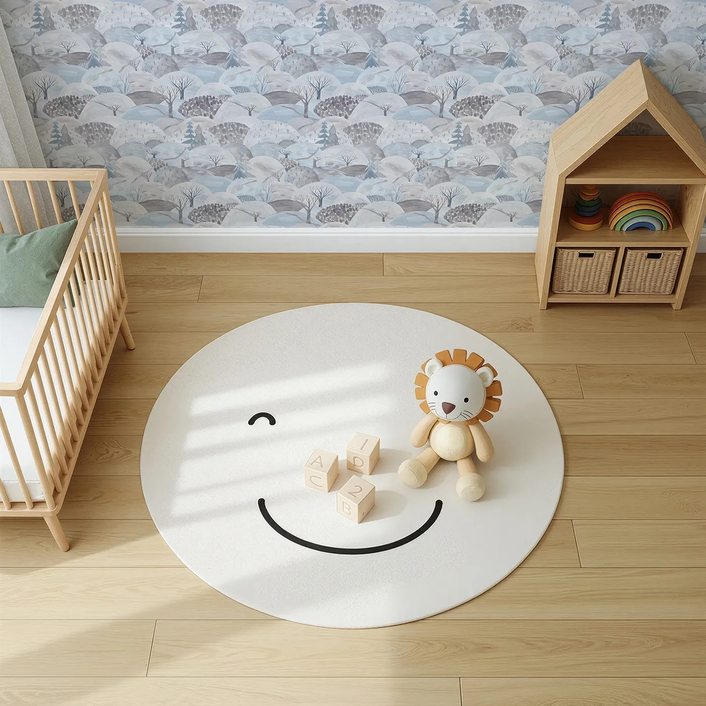 Top-Down view of Whimsy Tots' Painted Winter Hills Wallpaper (W2163).Where painted hills are covered in a soft blanket of snow.