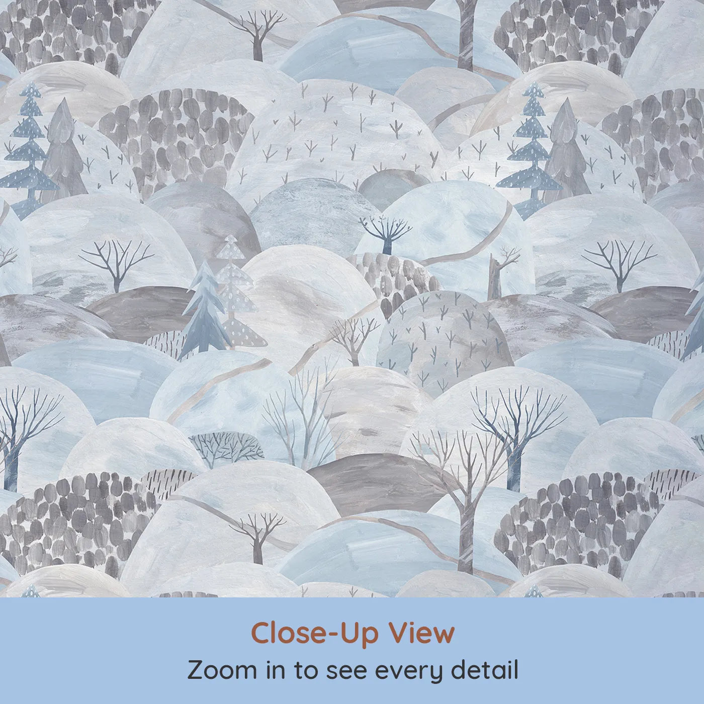 Close-up view of Whimsy Tots' Painted Winter Hills Wallpaper (W2163).Where painted hills are covered in a soft blanket of snow.