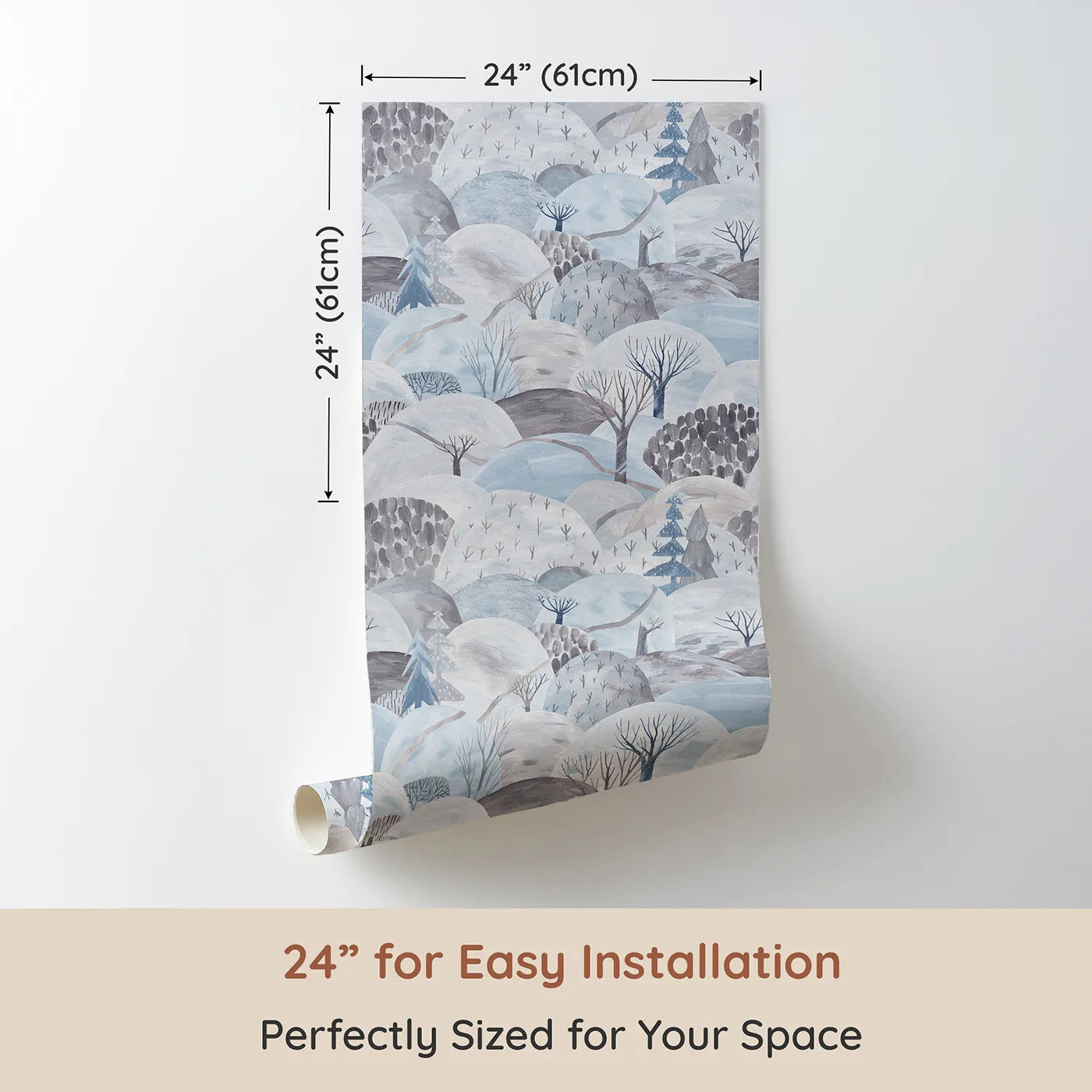 Dimension view of Whimsy Tots Painted Winter Hills Wallpaper (W2163). Printed in 24-inch-wide panel for easy installation. Where painted hills are covered in a soft blanket of snow.