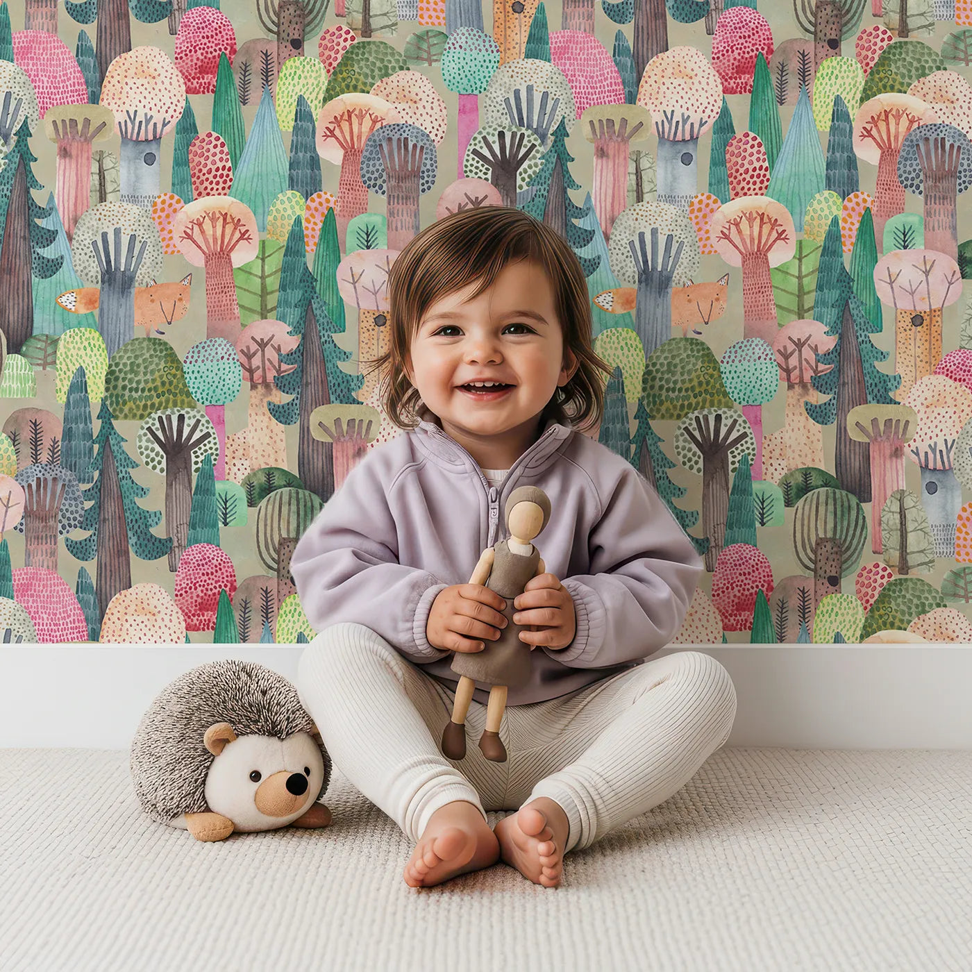 Lovely child standing in front of Whimsy Tots Hidden Fox Watercolor Forest Wallpaper with forest, tree, fox, watercolor, hidden in design.
