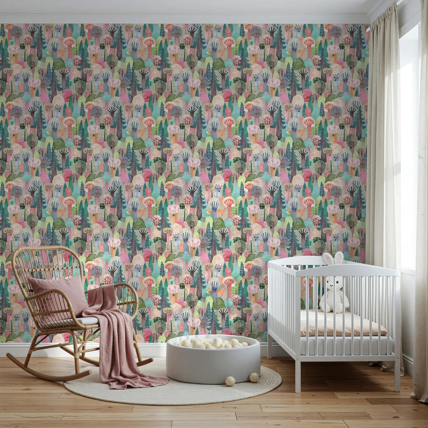 Front view of Whimsy Tots' Hidden Fox Watercolor Forest Wallpaper