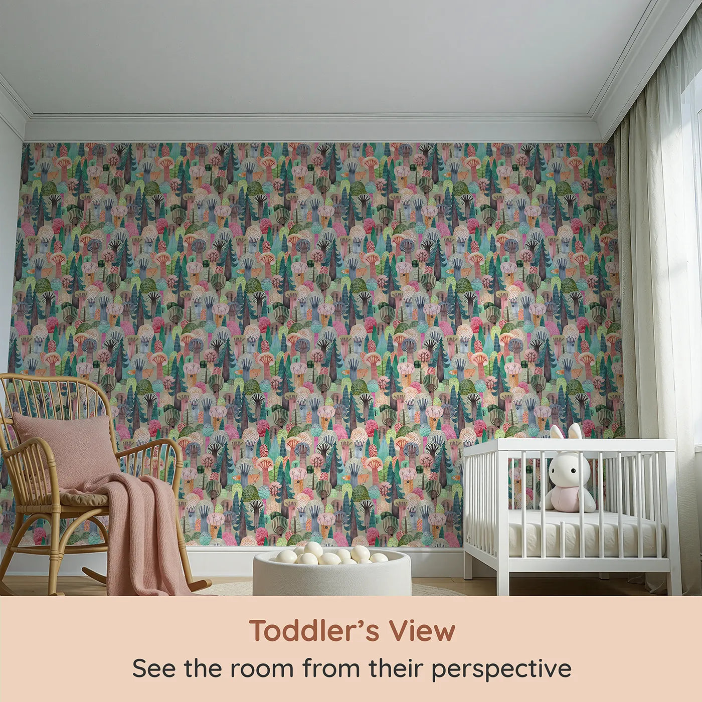 Whimsy Tots Hidden Fox Watercolor Forest Wallpaper (W2164) from your child's view.Where a clever little fox is hiding among the colorful trees.