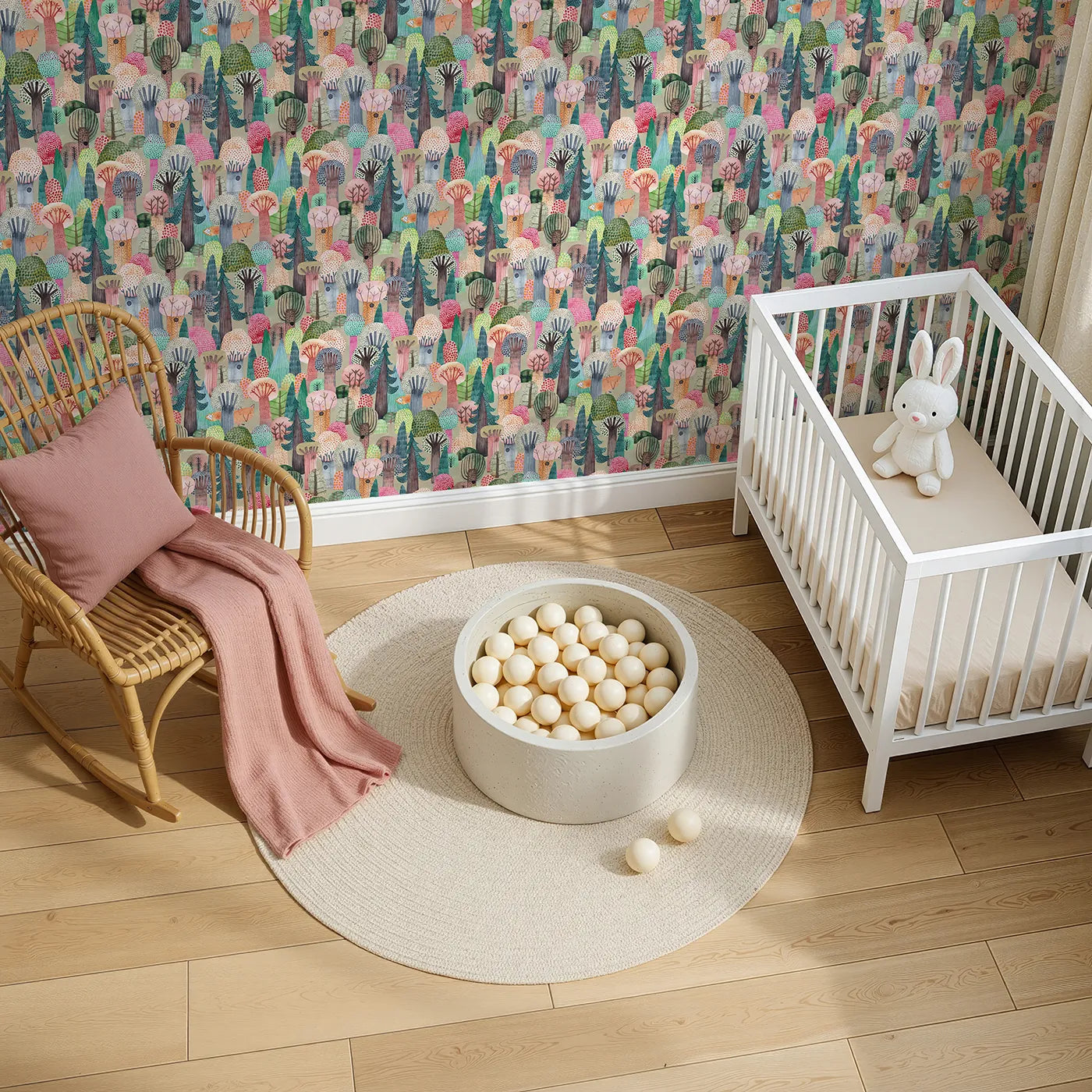 Top-Down view of Whimsy Tots' Hidden Fox Watercolor Forest Wallpaper (W2164).Where a clever little fox is hiding among the colorful trees.