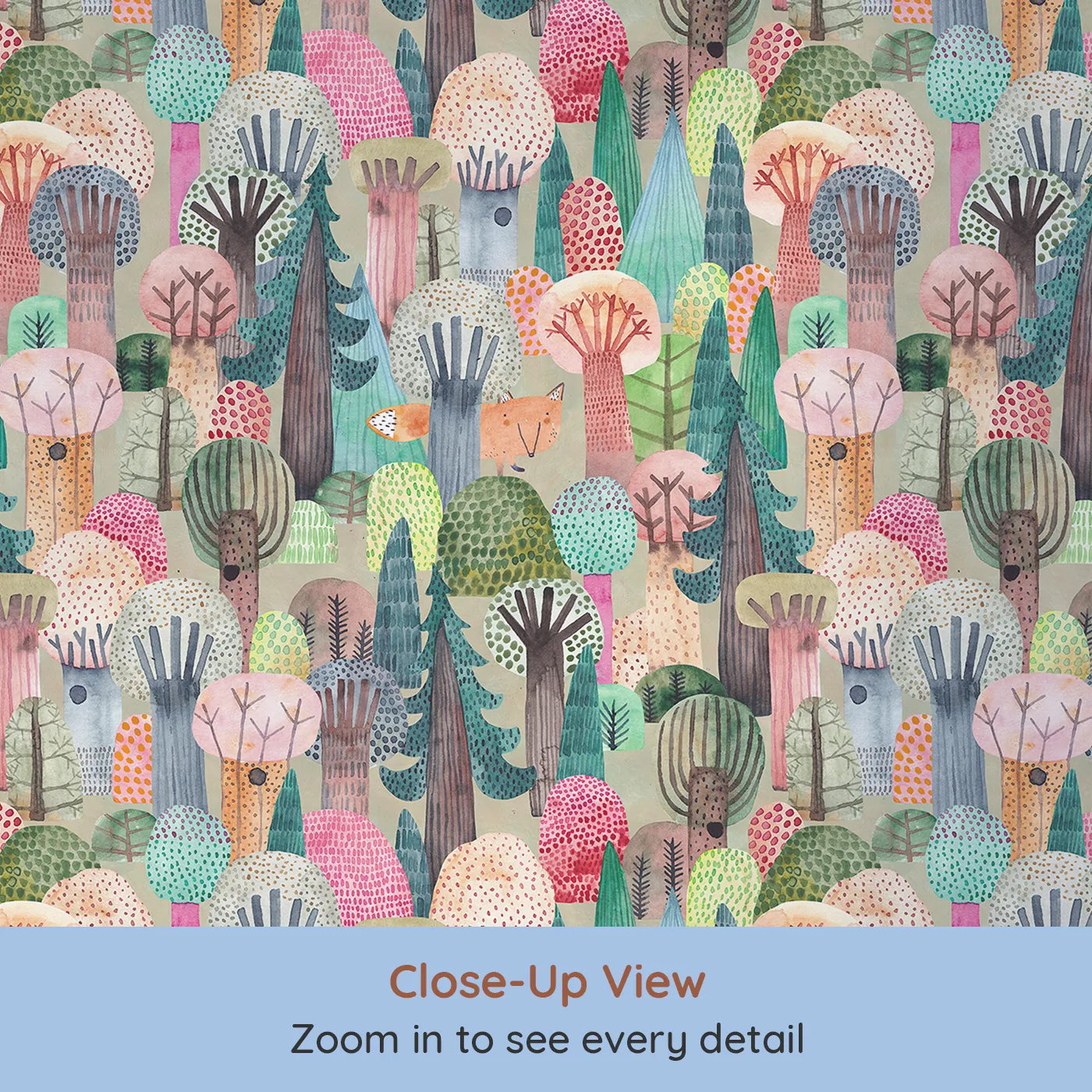 Close-up view of Whimsy Tots' Hidden Fox Watercolor Forest Wallpaper (W2164).Where a clever little fox is hiding among the colorful trees.