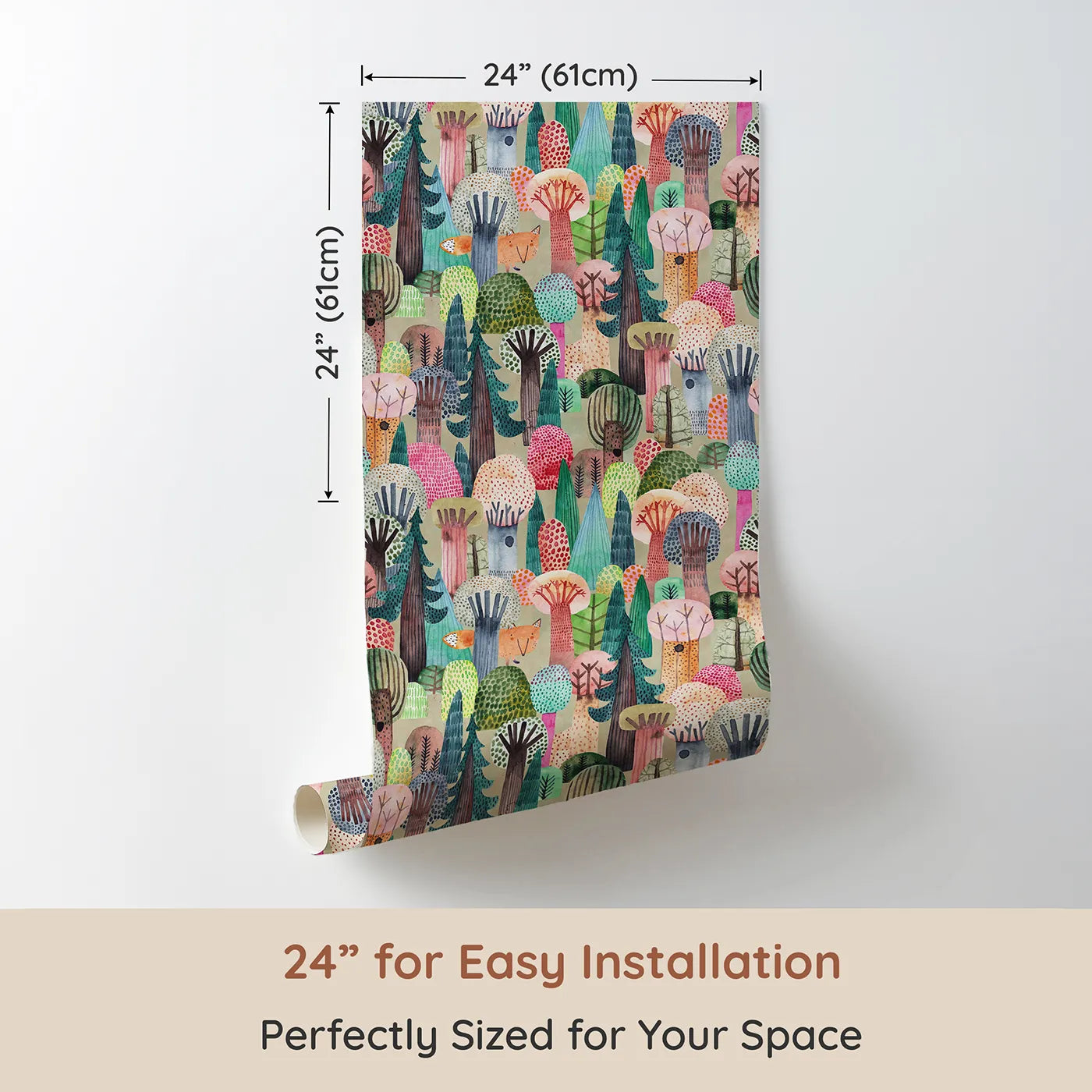 Dimension view of Whimsy Tots Hidden Fox Watercolor Forest Wallpaper (W2164). Printed in 24-inch-wide panel for easy installation. Where a clever little fox is hiding among the colorful trees.