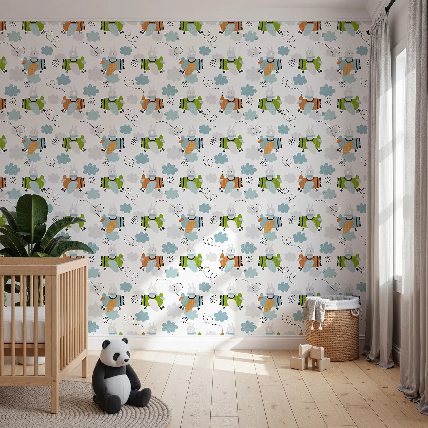 Front view of Whimsy Tots' Bunny Pilot Sky Adventure Wallpaper