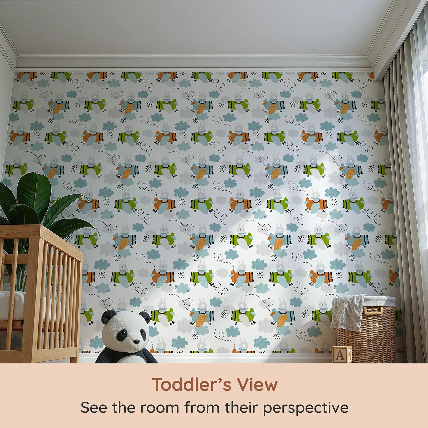 Whimsy Tots Bunny Pilot Sky Adventure Wallpaper (W2165) from your child's view.Where brave bunny pilots lead a cheerful squadron through the clouds.