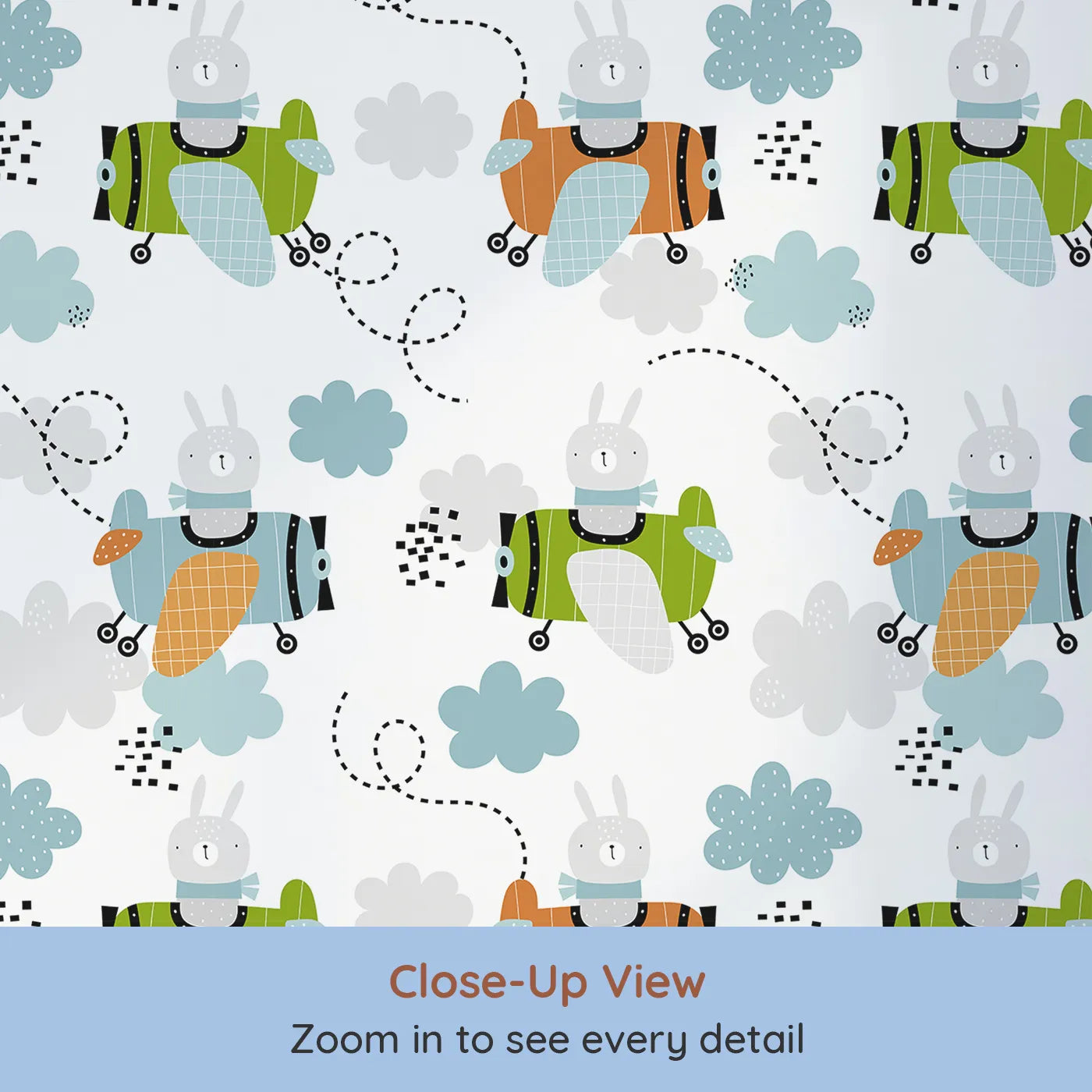Close-up view of Whimsy Tots' Bunny Pilot Sky Adventure Wallpaper (W2165).Where brave bunny pilots lead a cheerful squadron through the clouds.