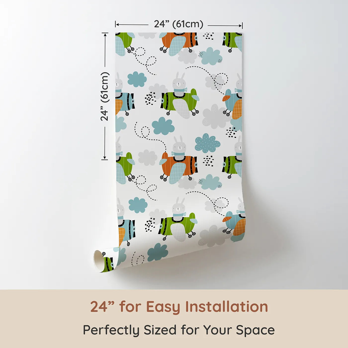 Dimension view of Whimsy Tots Bunny Pilot Sky Adventure Wallpaper (W2165). Printed in 24-inch-wide panel for easy installation. Where brave bunny pilots lead a cheerful squadron through the clouds.