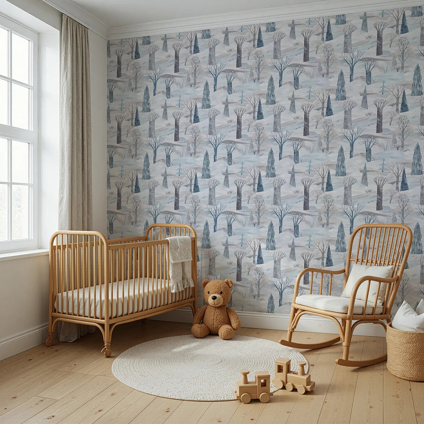 Angled view of Whimsy Tots' Painted Nordic Winter Wallpaper (W2166).Where bare trees stand silently in a vast, painted snowscape.